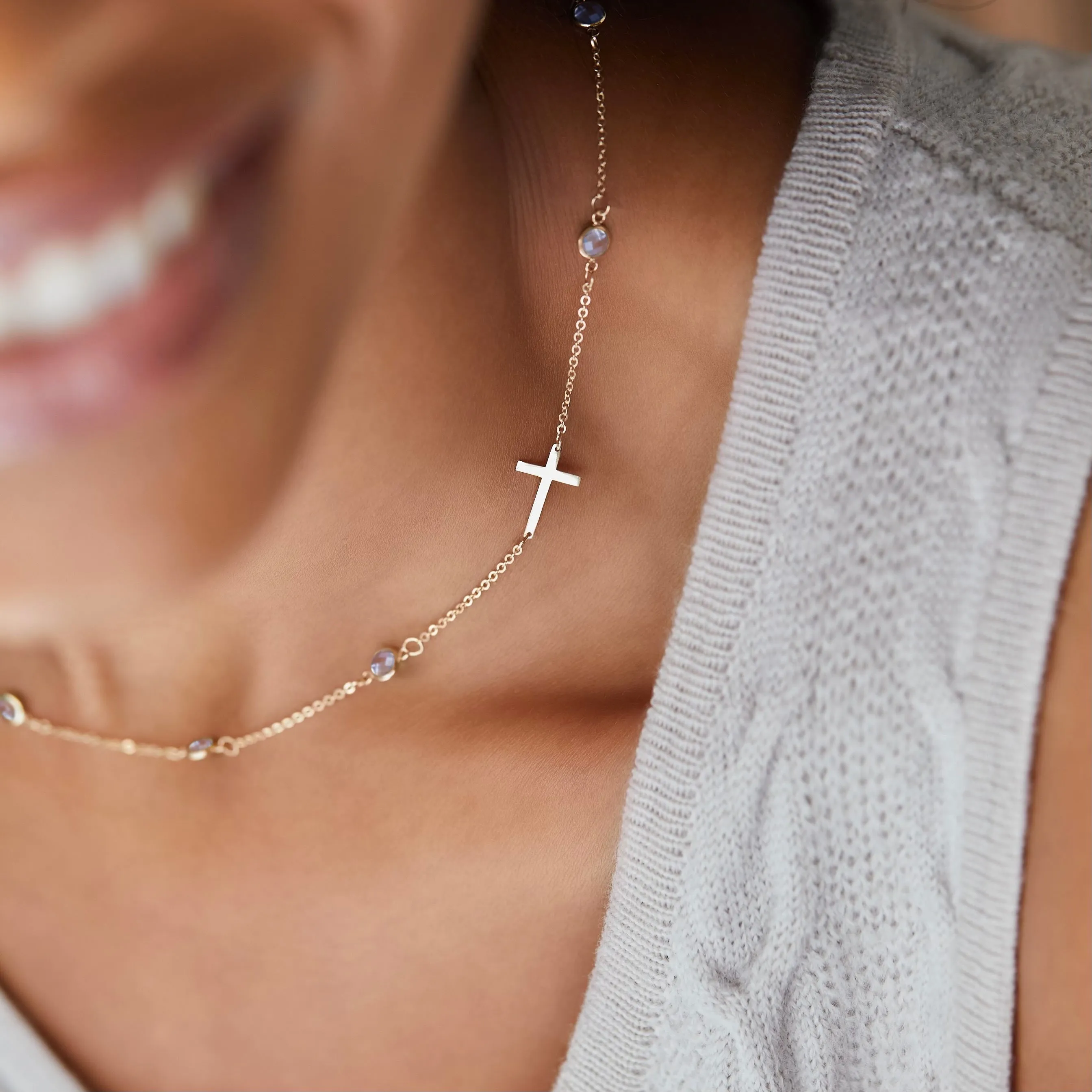 Bayberry Aquamarine Birthstone Cross Necklace in 14k Gold (March) sold by Haverhill product image thumbnail 3