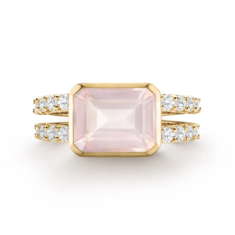 Warren Horizontal Rose Quartz Ring with Diamonds in 14k Gold (October) sold by Haverhill