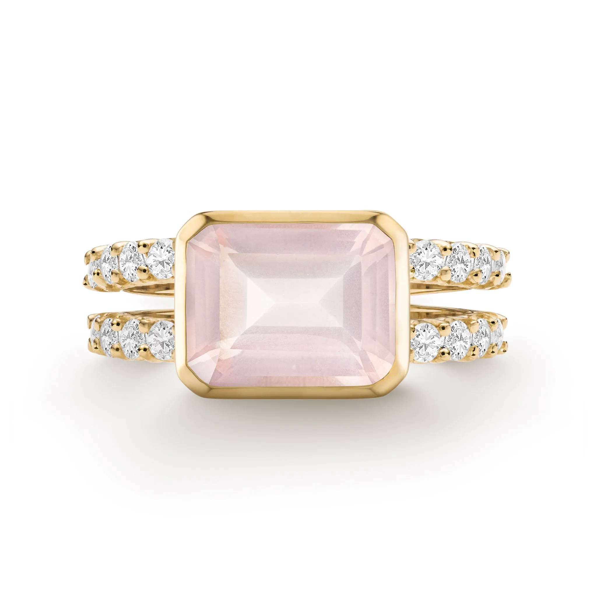 Warren Horizontal Rose Quartz Ring with Diamonds in 14k Gold (October) sold by Haverhill