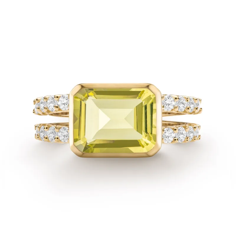 Warren Horizontal Lemon Verbena Quartz Ring with Diamonds in 14k Gold (August) sold by Haverhill