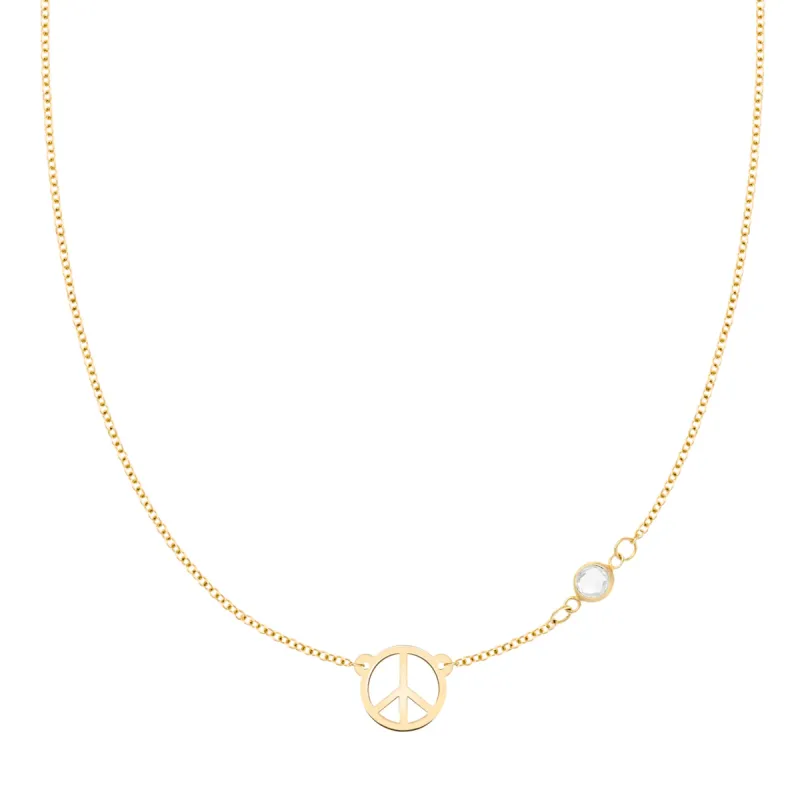 Small Peace Sign & 1 Birthstone Necklace in 14k Gold sold by Haverhill