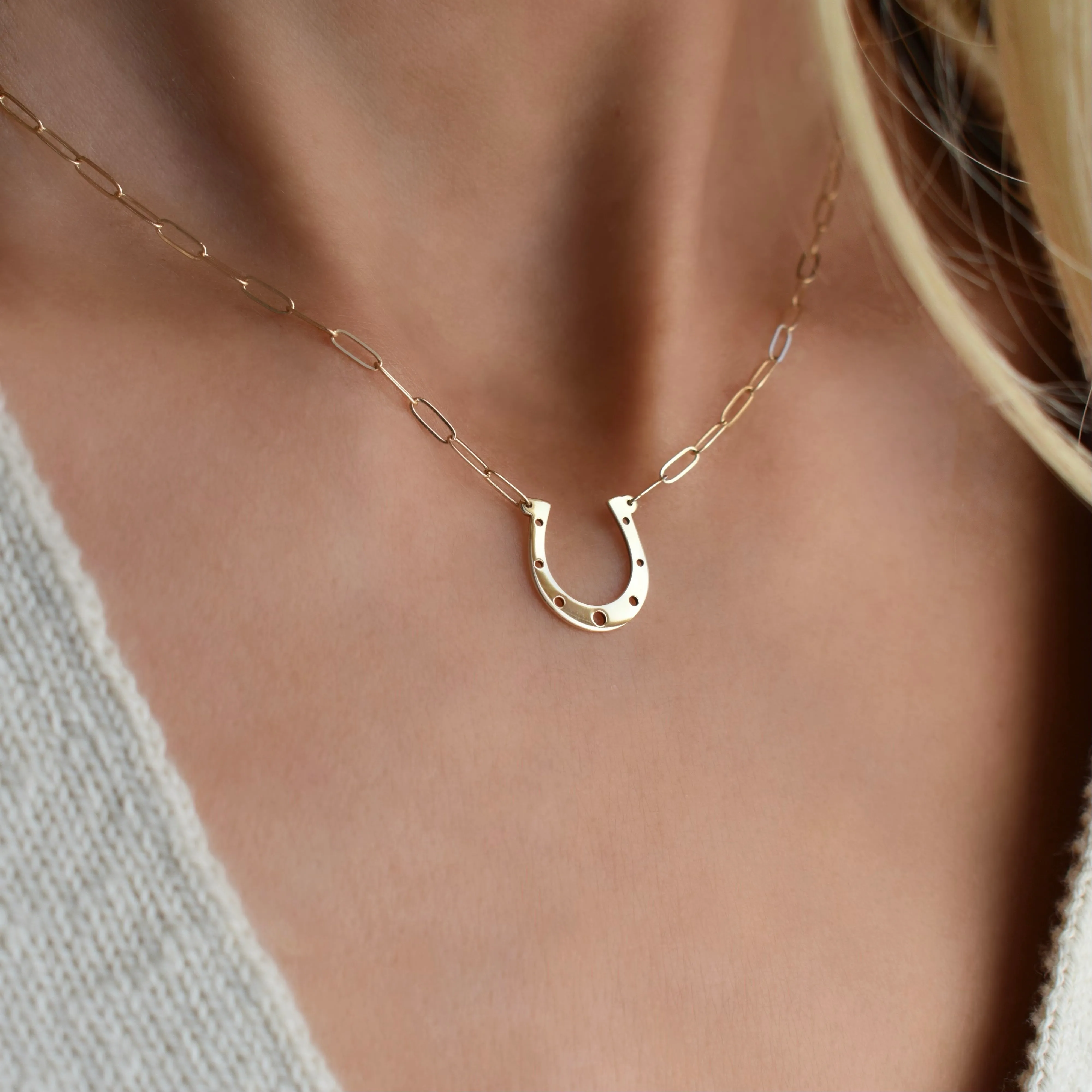 Large Flat Horseshoe Necklace with Adelaide Mini Chain in 14k Gold sold by Haverhill product image thumbnail 3