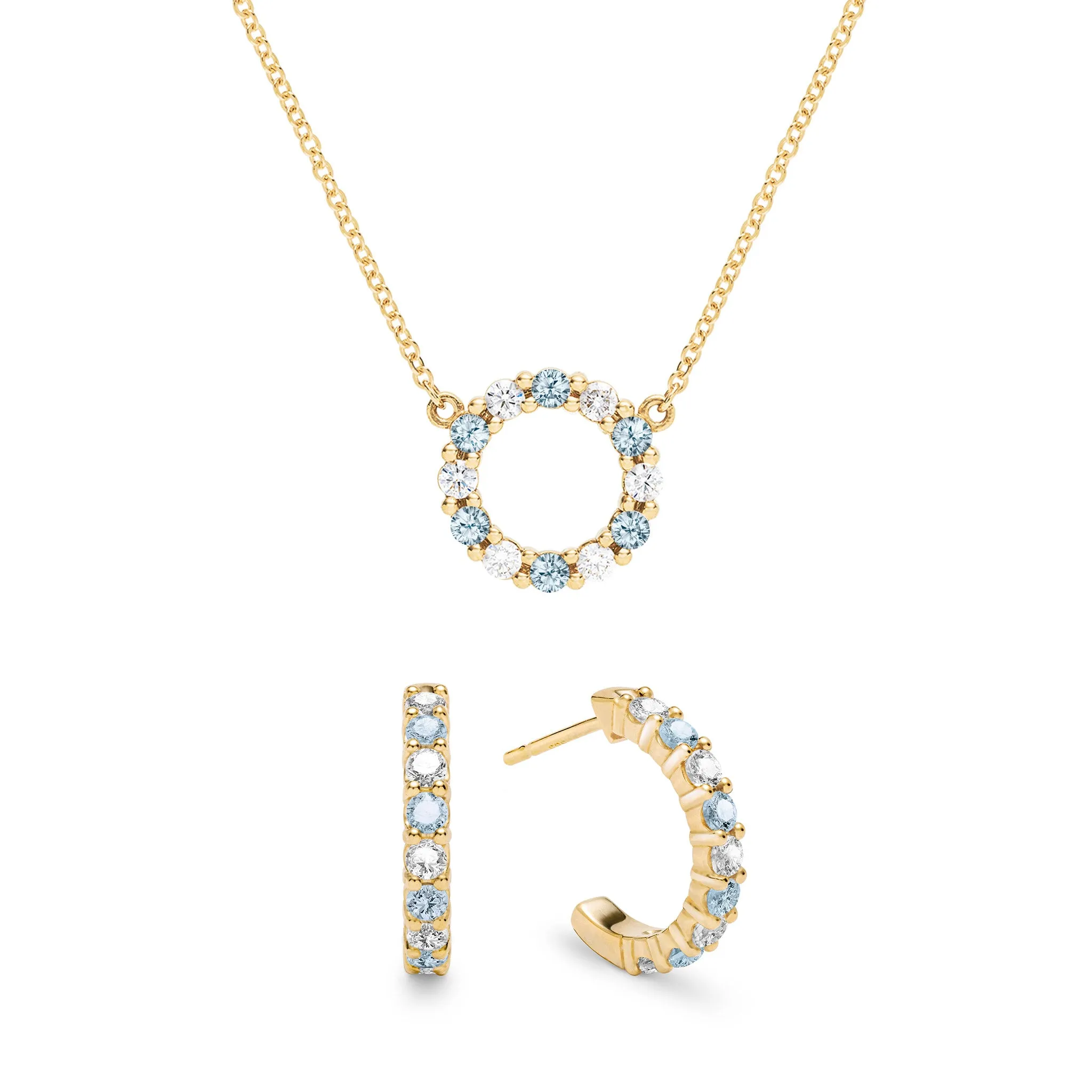 Rosecliff Small Circle Diamond & Nantucket Blue Topaz Necklace and Huggie Hoop Earrings Set in 14k Gold (December) sold by Haverhill