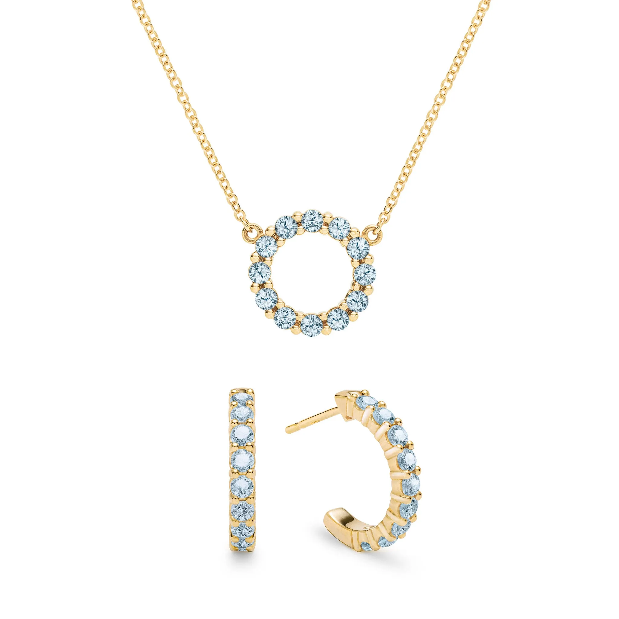 Rosecliff Small Circle Nantucket Blue Topaz Necklace and Huggie Hoop Earrings Set in 14k Gold (December) sold by Haverhill