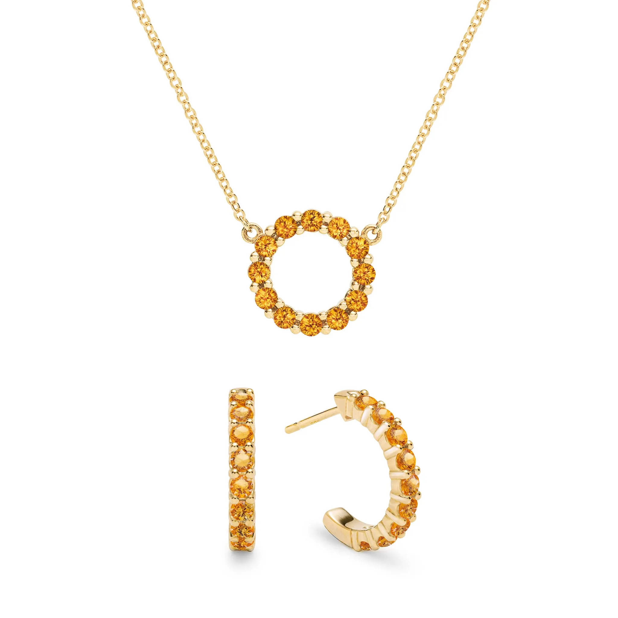 Rosecliff Small Circle Citrine Necklace and Huggie Hoop Earrings Set in 14k Gold (November) sold by Haverhill