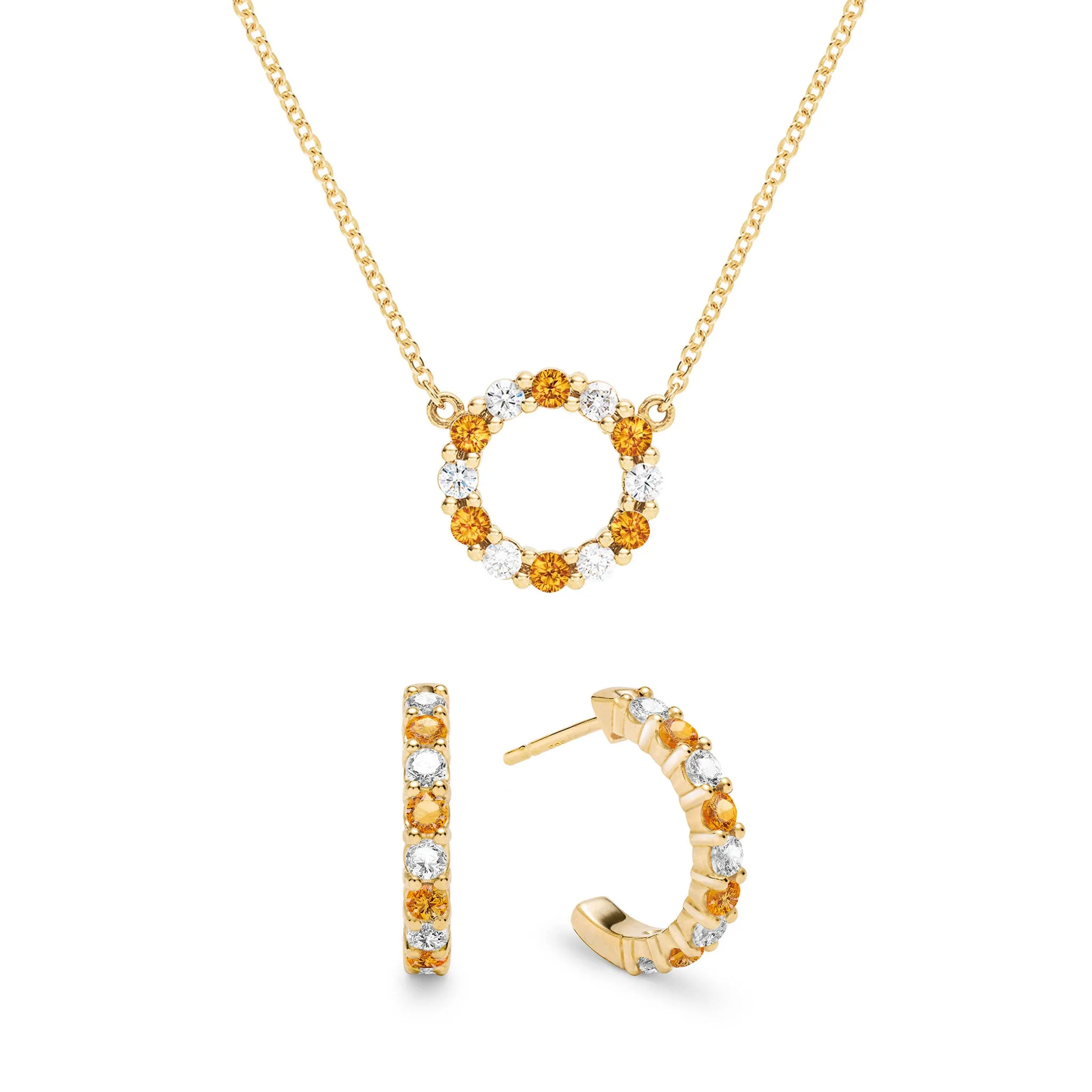 Rosecliff Small Circle Diamond & Citrine Necklace and Huggie Hoop Earrings Set in 14k Gold (November) sold by Haverhill