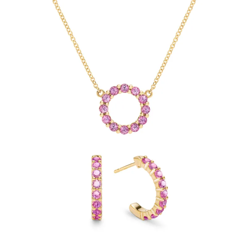 Rosecliff Small Circle Pink Sapphire Necklace and Huggie Hoop Earrings Set in 14k Gold (October) sold by Haverhill