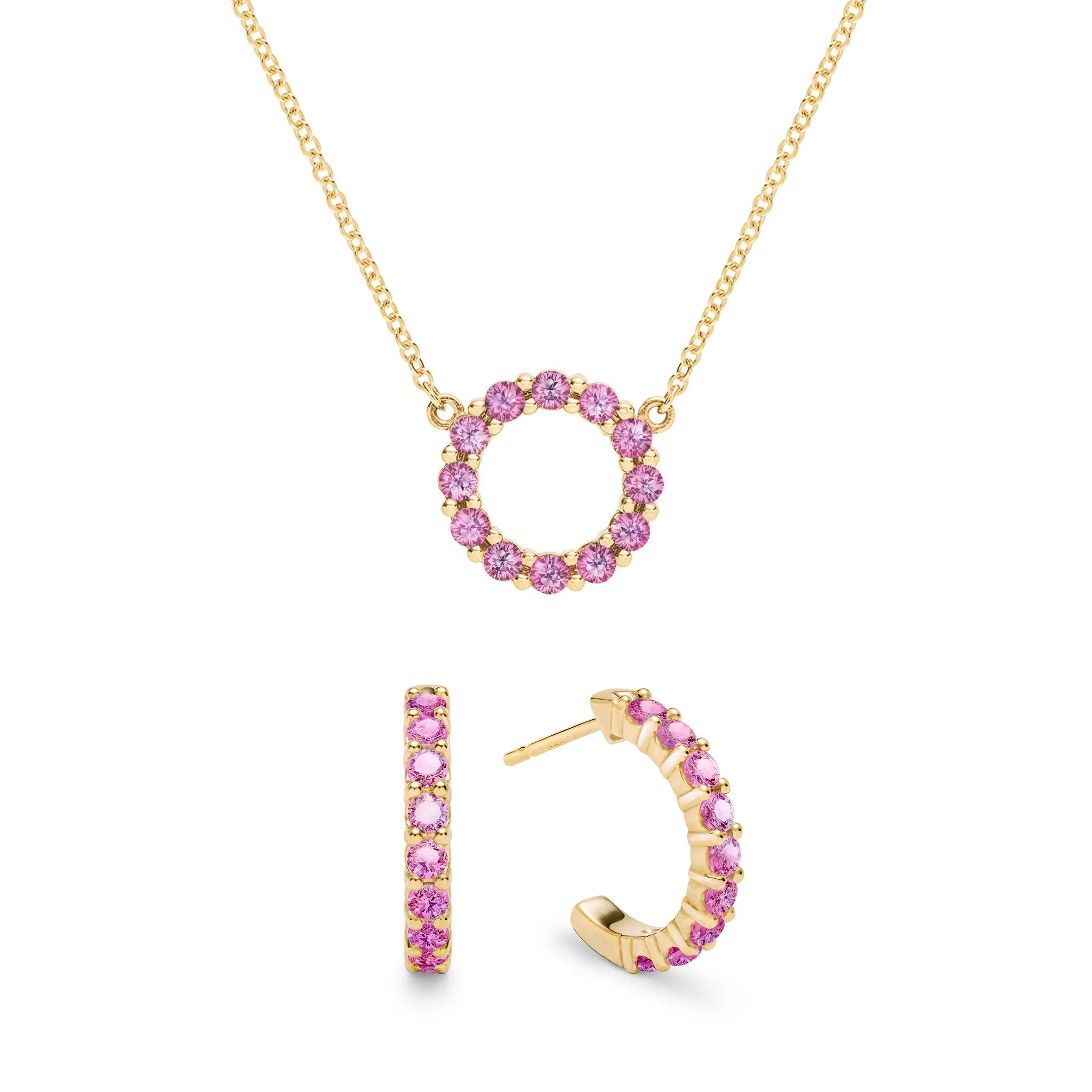 Rosecliff Small Circle Pink Sapphire Necklace and Huggie Hoop Earrings Set in 14k Gold (October) sold by Haverhill