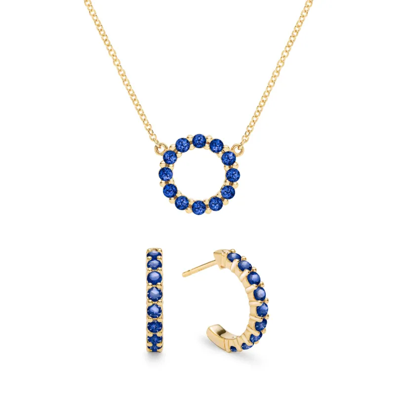 Rosecliff Small Circle Sapphire Necklace and Huggie Hoop Earrings Set in 14k Gold (September) sold by Haverhill