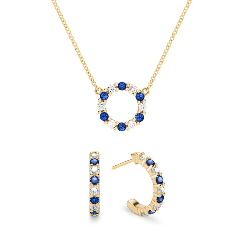 Rosecliff Small Circle Diamond & Sapphire Necklace and Huggie Hoop Earrings Set in 14k Gold (September) sold by Haverhill