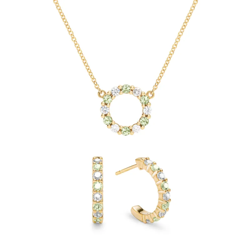 Rosecliff Small Circle Diamond & Peridot Necklace and Huggie Hoop Earrings Set in 14k Gold (August) sold by Haverhill