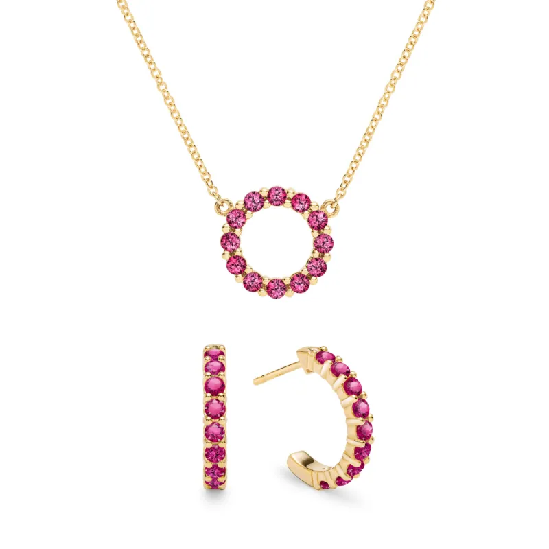 Rosecliff Small Circle Ruby Necklace and Huggie Hoop Earrings Set in 14k Gold (July) sold by Haverhill