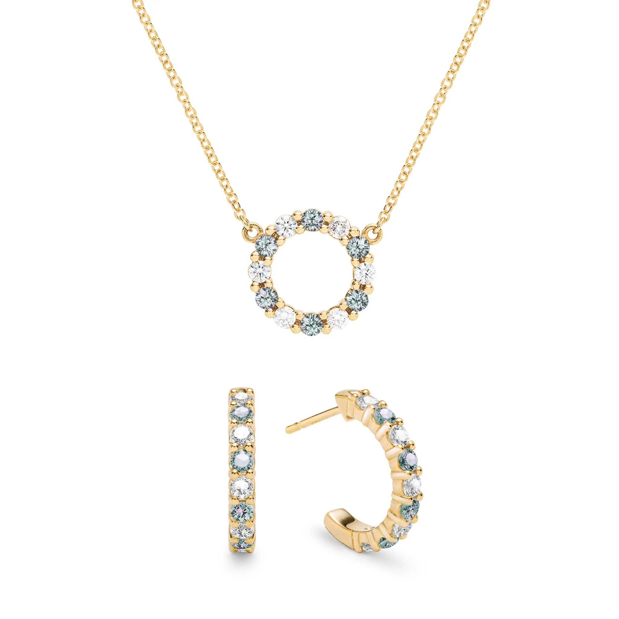 Rosecliff Small Circle Diamond & Alexandrite Necklace and Huggie Hoop Earrings Set in 14k Gold (June) sold by Haverhill