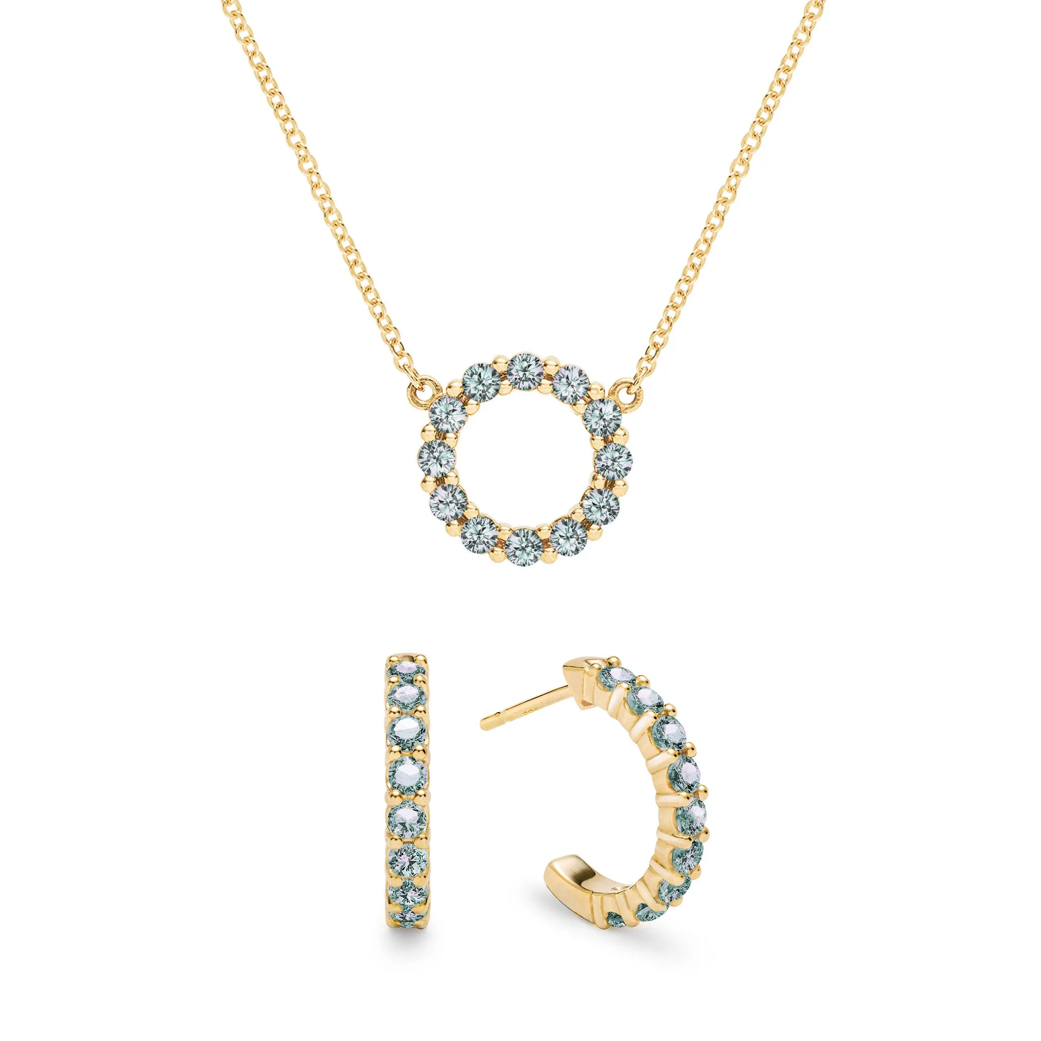 Rosecliff Small Circle Alexandrite Necklace and Huggie Hoop Earrings Set in 14k Gold (June) sold by Haverhill