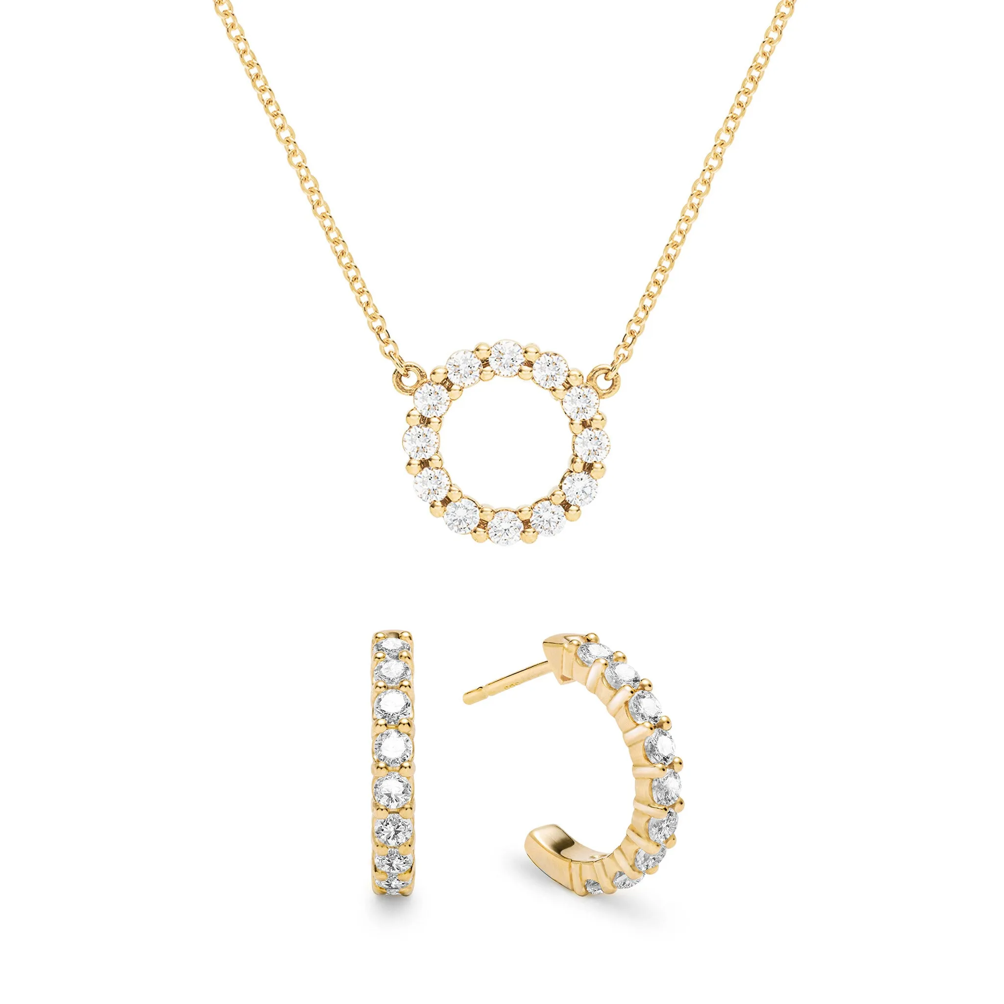 Rosecliff Small Circle Diamond Necklace and Huggie Hoop Earrings Set in 14k Gold (April) sold by Haverhill