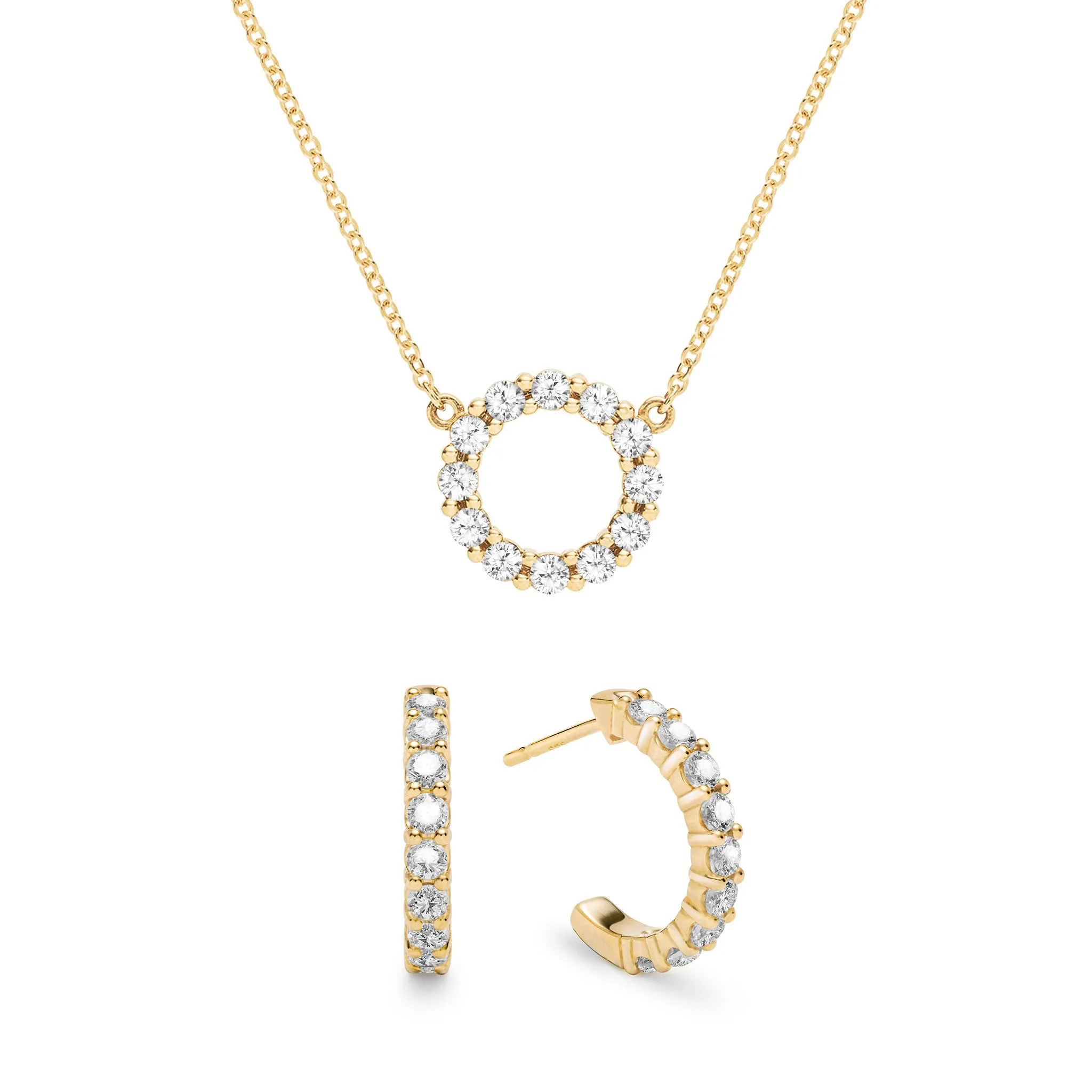 Rosecliff Small Circle White Topaz Necklace and Huggie Hoop Earrings Set in 14k Gold (April) sold by Haverhill