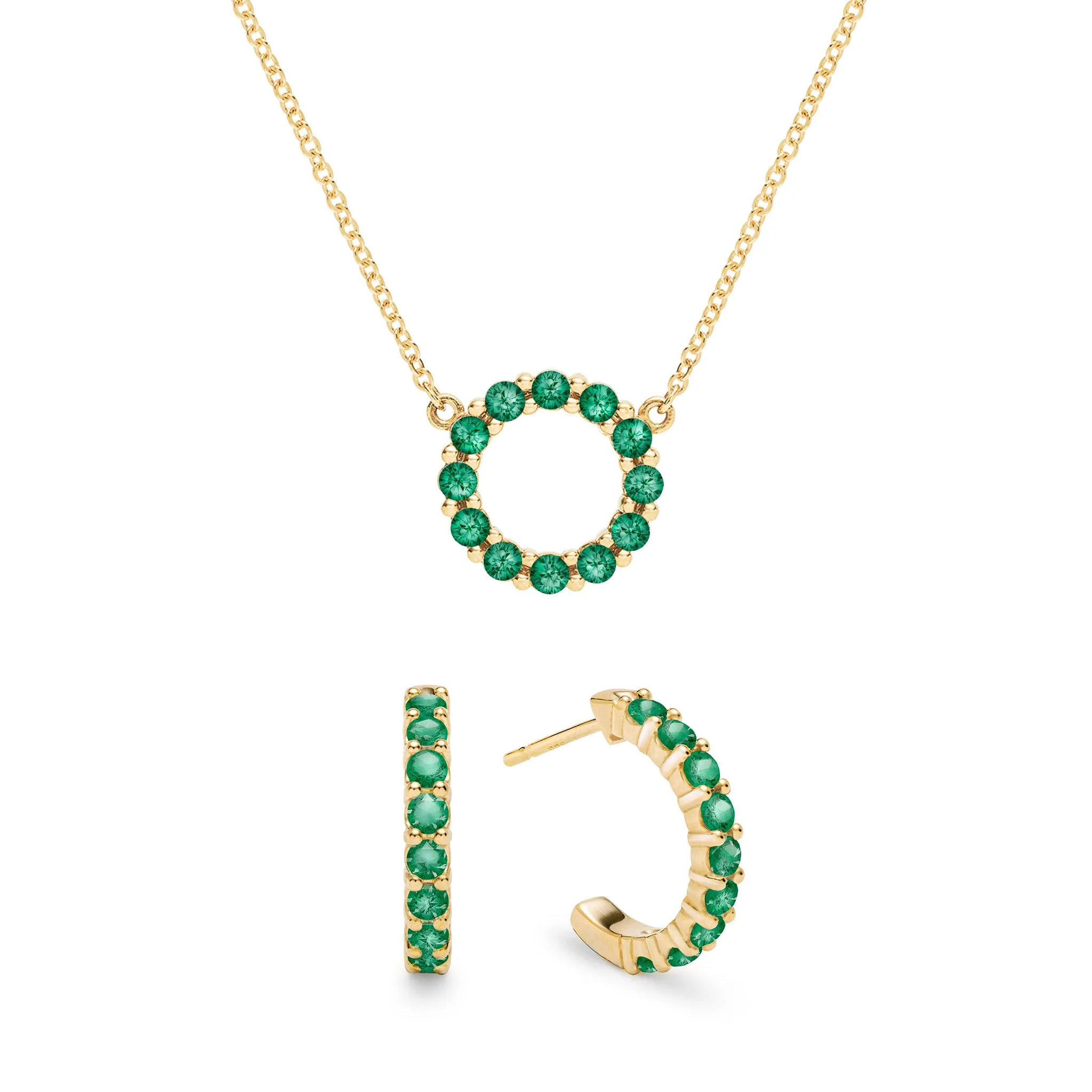 Rosecliff Small Circle Emerald Necklace and Huggie Hoop Earrings Set in 14k Gold (May) sold by Haverhill