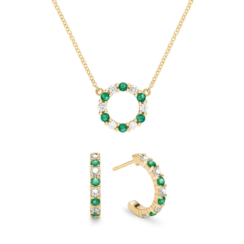 Rosecliff Small Circle Diamond & Emerald Necklace and Huggie Hoop Earrings Set in 14k Gold (May) sold by Haverhill