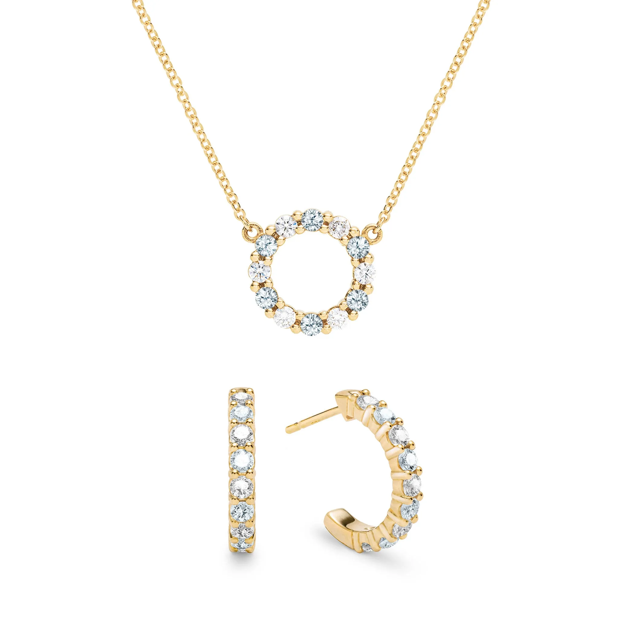 Rosecliff Small Circle Diamond & Aquamarine Necklace and Huggie Hoop Earrings Set in 14k Gold (March) sold by Haverhill