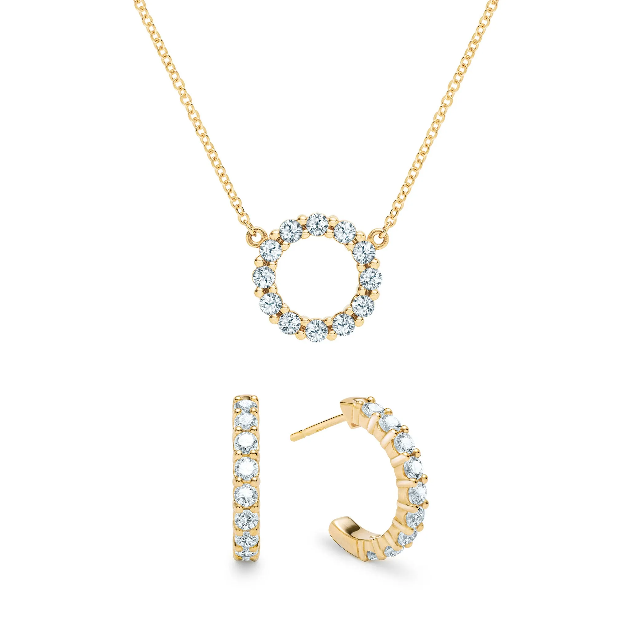Rosecliff Small Circle Aquamarine Necklace and Huggie Hoop Earrings Set in 14k Gold (March) sold by Haverhill