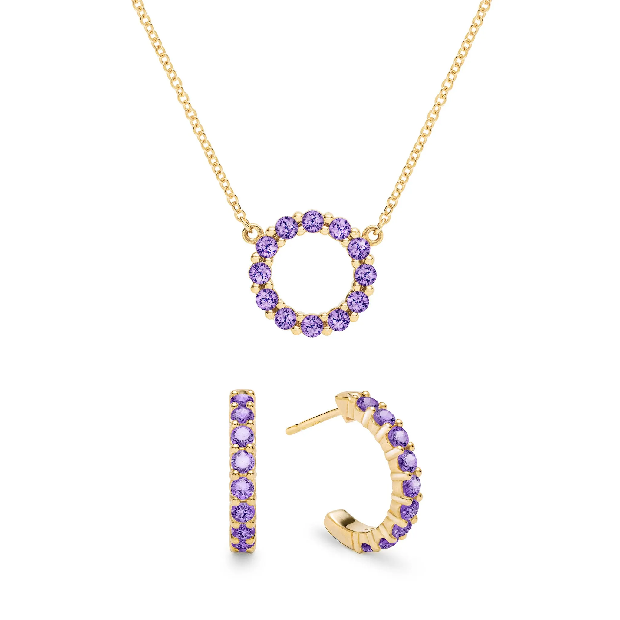 Rosecliff Small Circle Amethyst Necklace and Huggie Hoop Earrings Set in 14k Gold (February) sold by Haverhill
