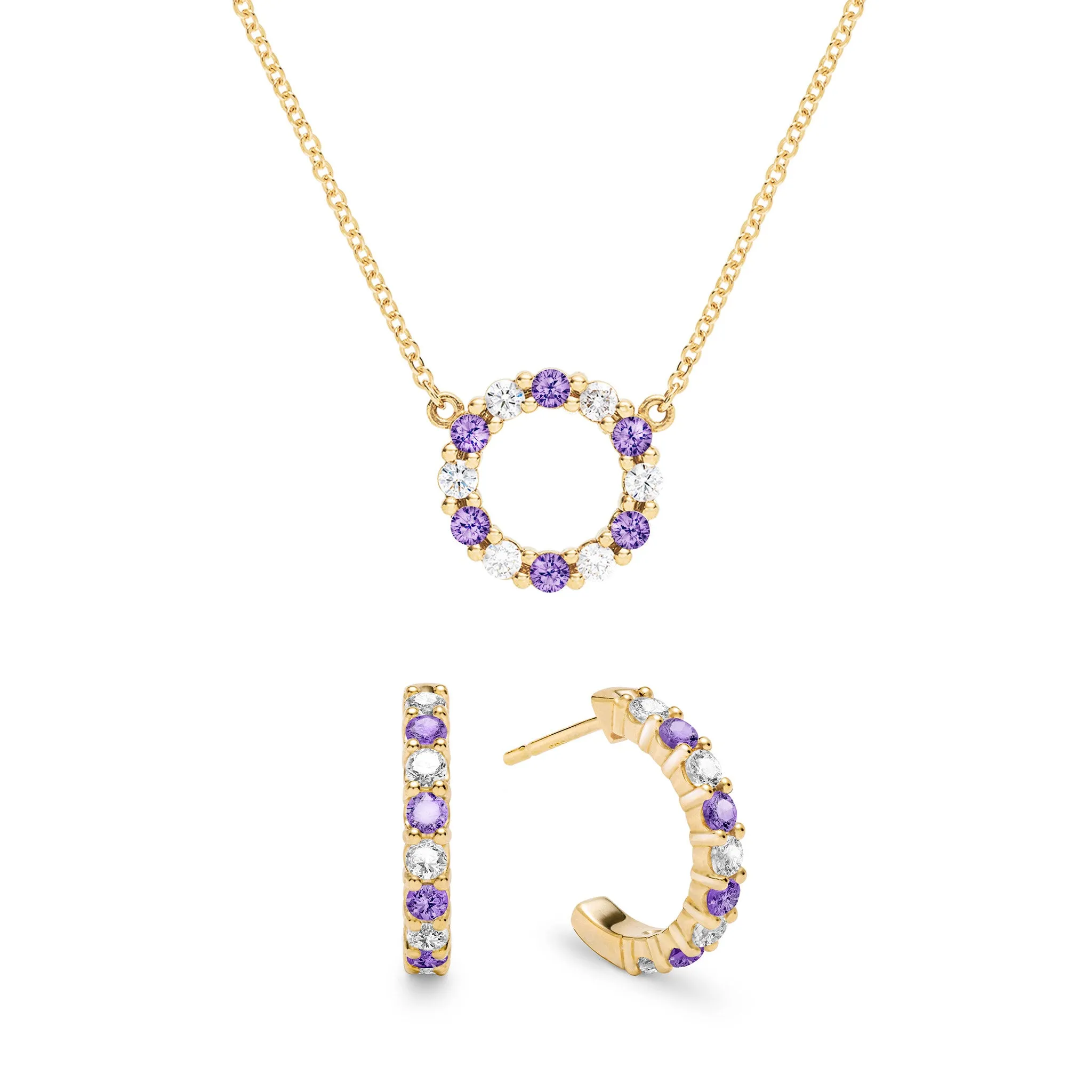 Rosecliff Small Circle Diamond & Amethyst Necklace and Huggie Hoop Earrings Set in 14k Gold (February) sold by Haverhill