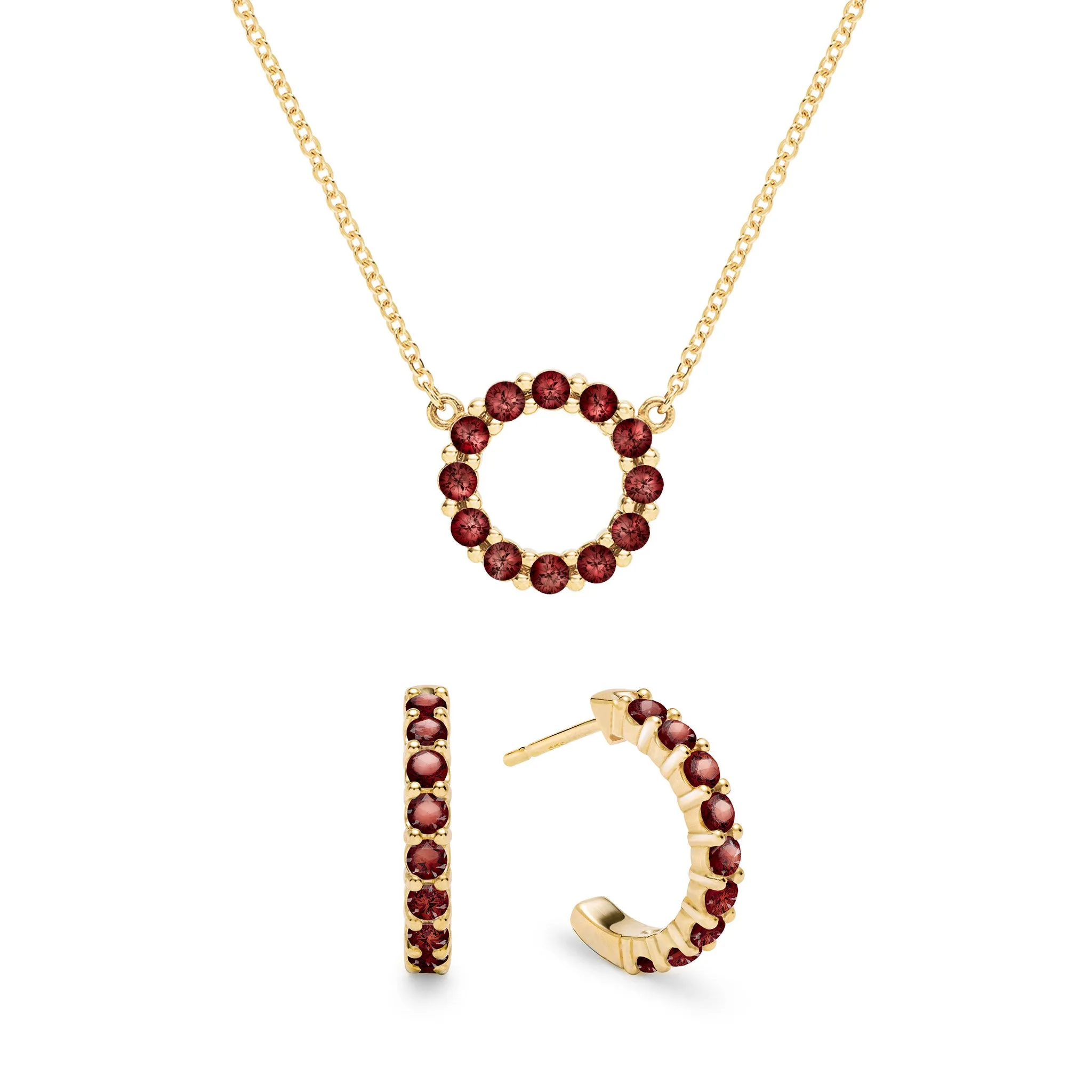 Rosecliff Small Circle Garnet Necklace and Huggie Hoop Earrings Set in 14k Gold (January) sold by Haverhill