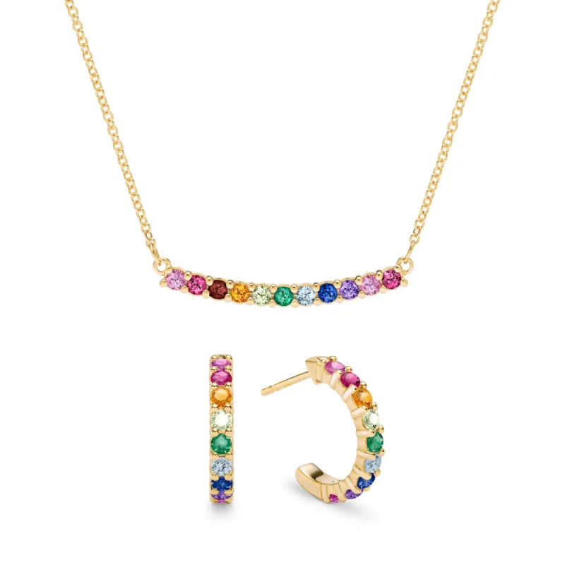 Rainbow Rosecliff Bar Necklace and Huggie Hoop Earrings Set in 14k Gold sold by Haverhill