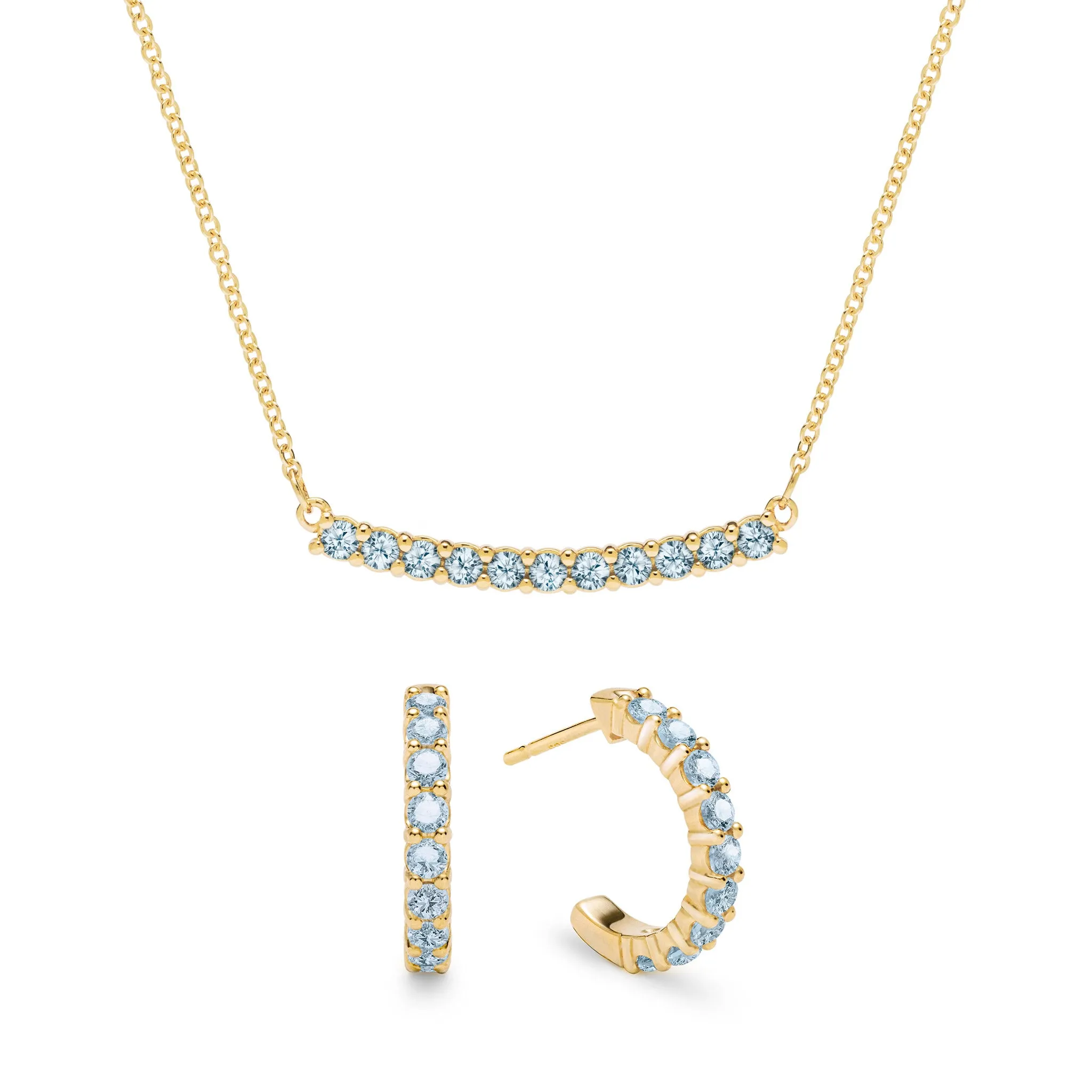 Rosecliff Nantucket Blue Topaz Bar Necklace and Huggie Hoop Earrings Set in 14k Gold (December) sold by Haverhill