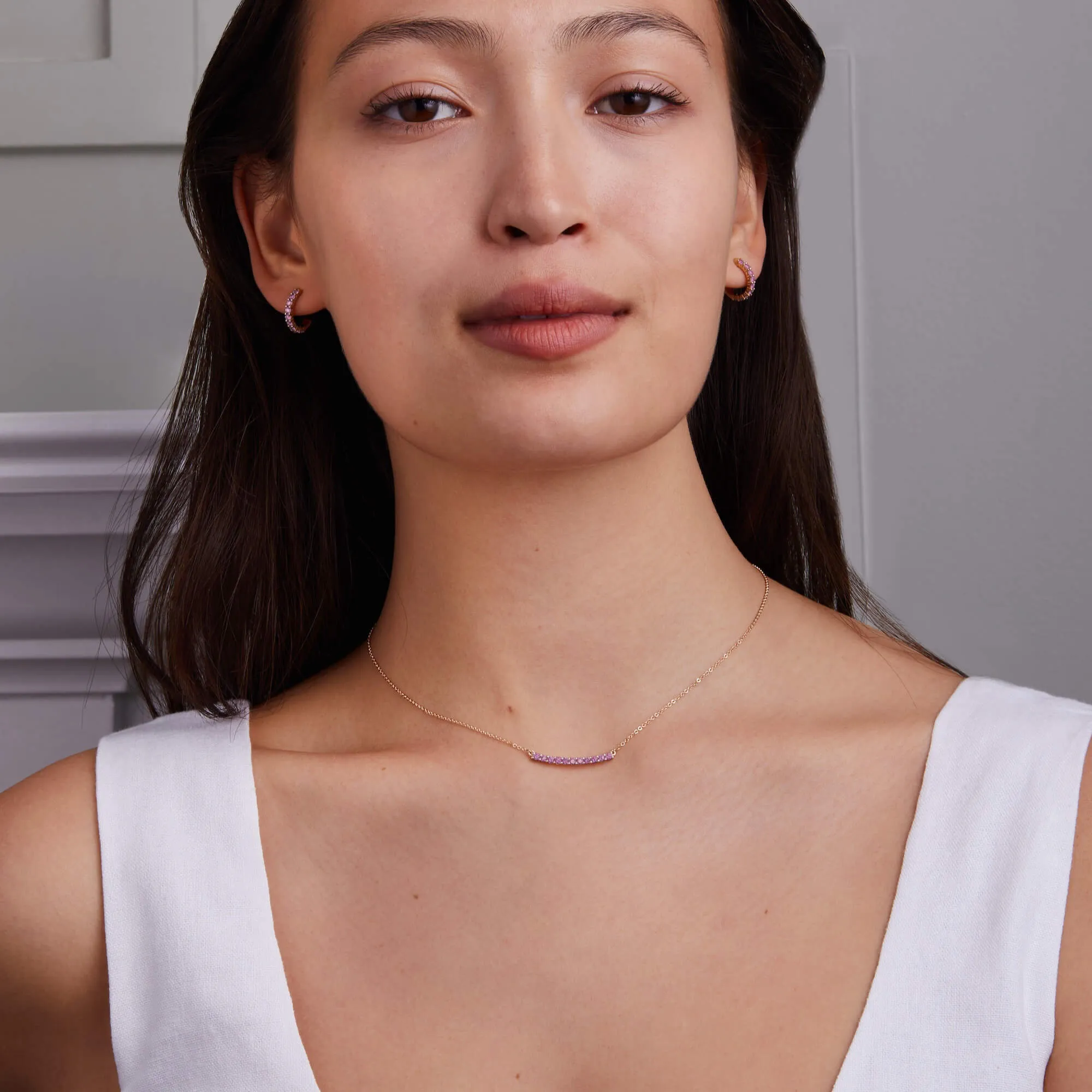 Rosecliff Pink Sapphire Bar Necklace and Huggie Hoop Earrings Set in 14k Gold (October) sold by Haverhill product image thumbnail 2