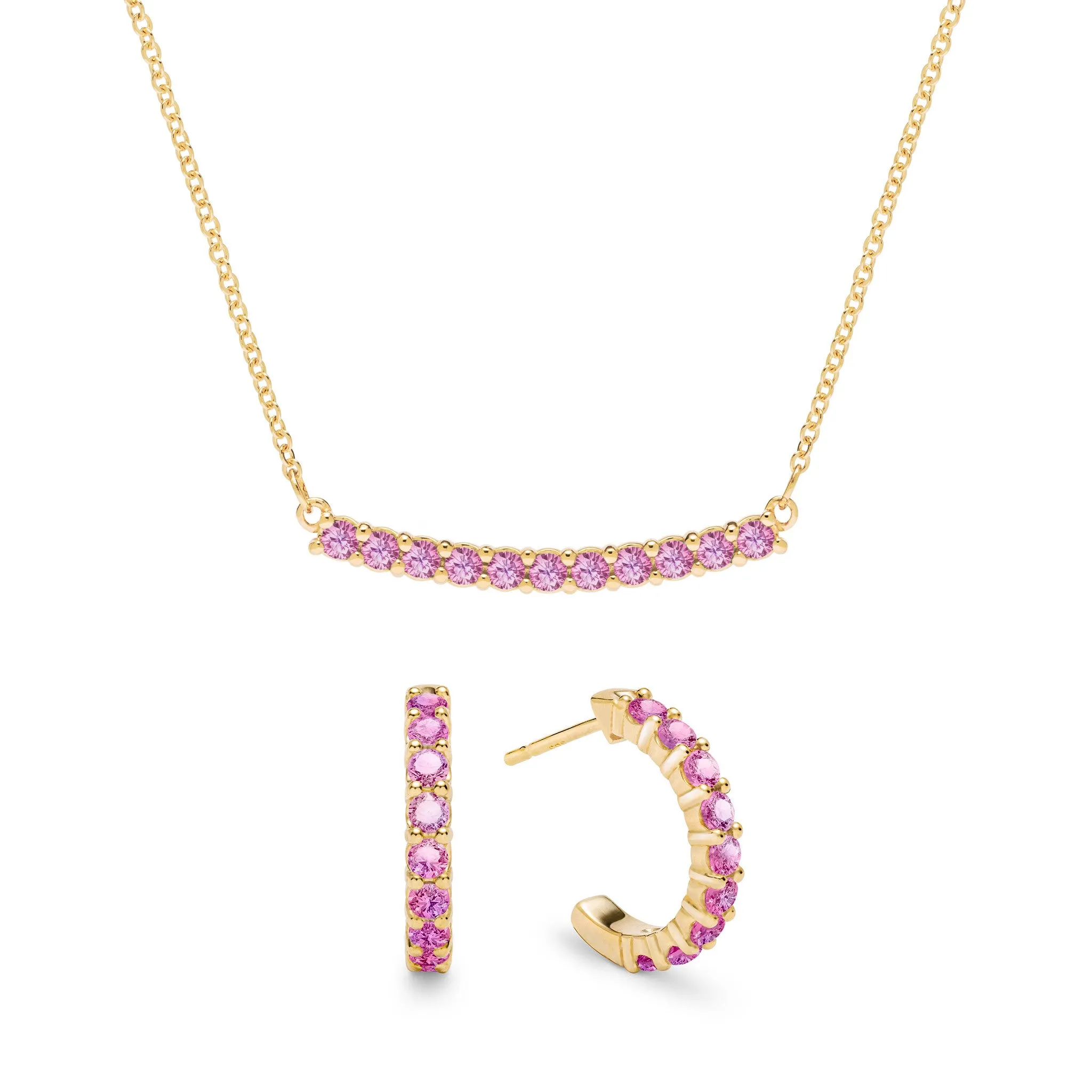 Rosecliff Pink Sapphire Bar Necklace and Huggie Hoop Earrings Set in 14k Gold (October) sold by Haverhill