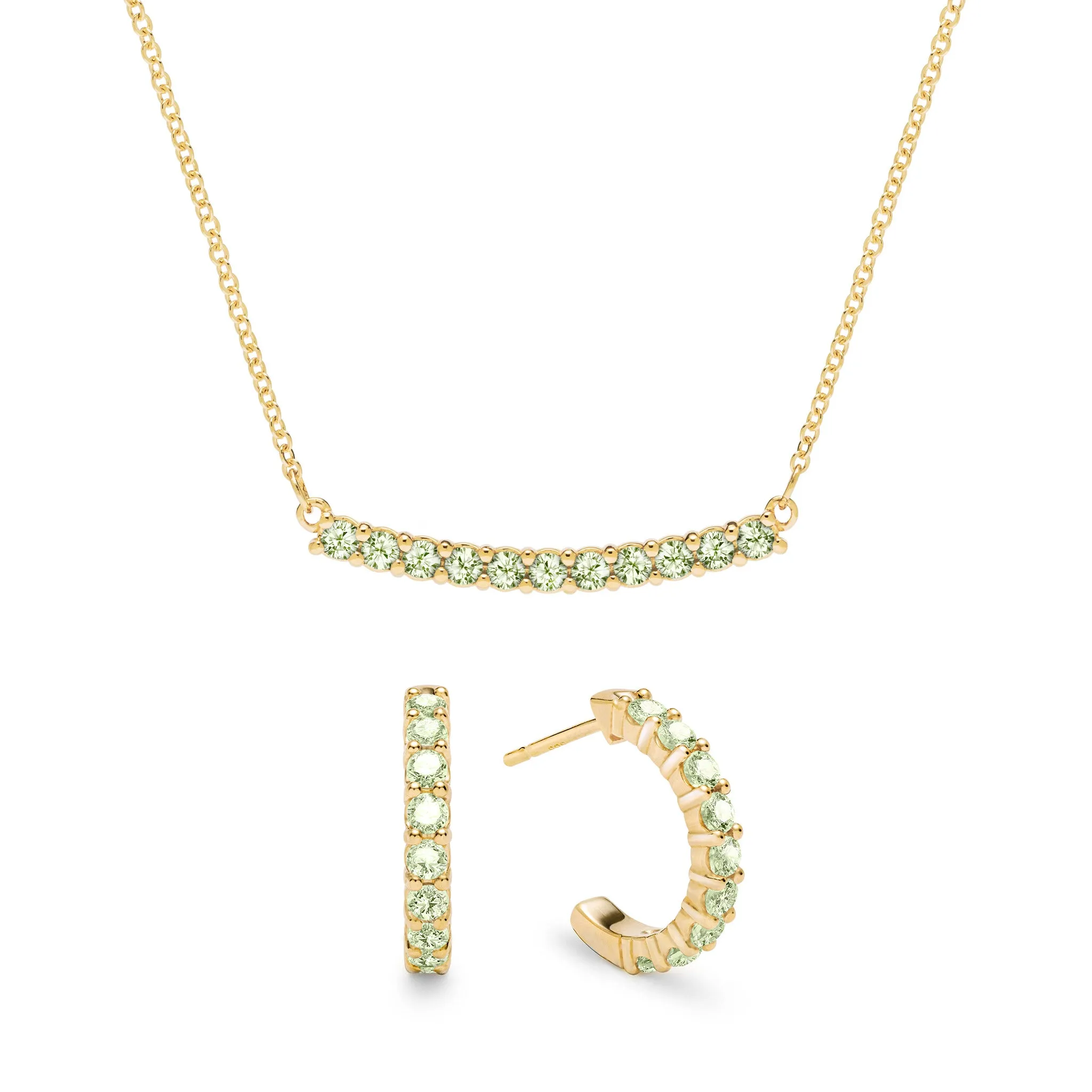 Rosecliff Peridot Bar Necklace and Huggie Hoop Earrings Set in 14k Gold (August) sold by Haverhill