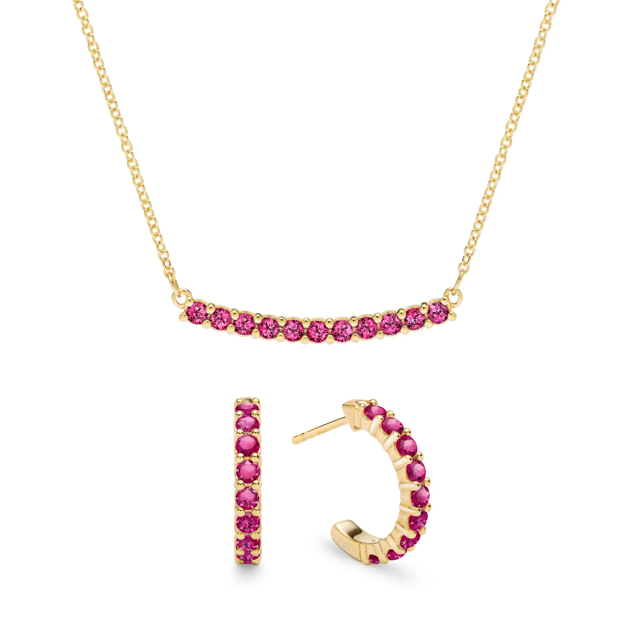 Rosecliff Ruby Bar Necklace and Huggie Hoop Earrings Set in 14k Gold (July) sold by Haverhill