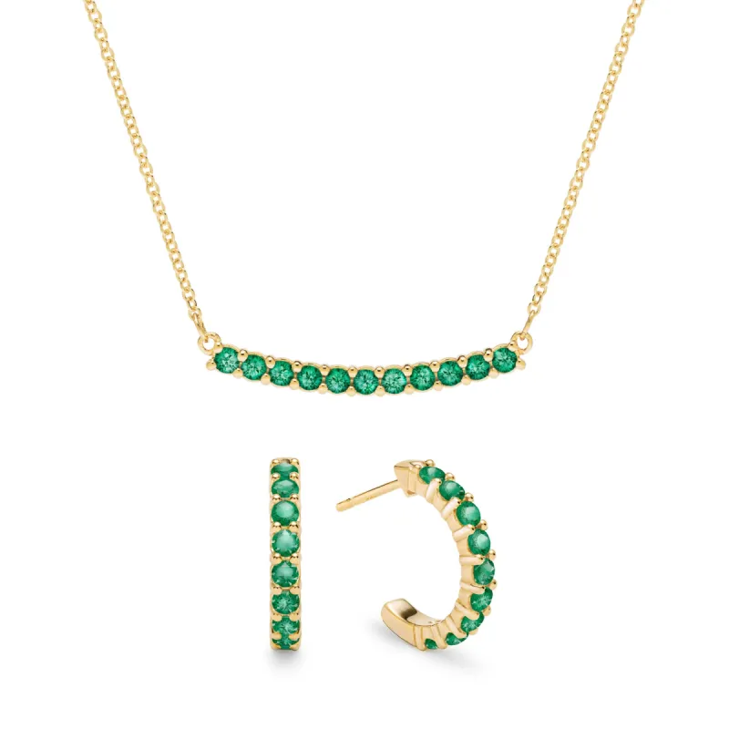 Rosecliff Emerald Bar Necklace and Huggie Hoop Earrings Set in 14k Gold (May) sold by Haverhill