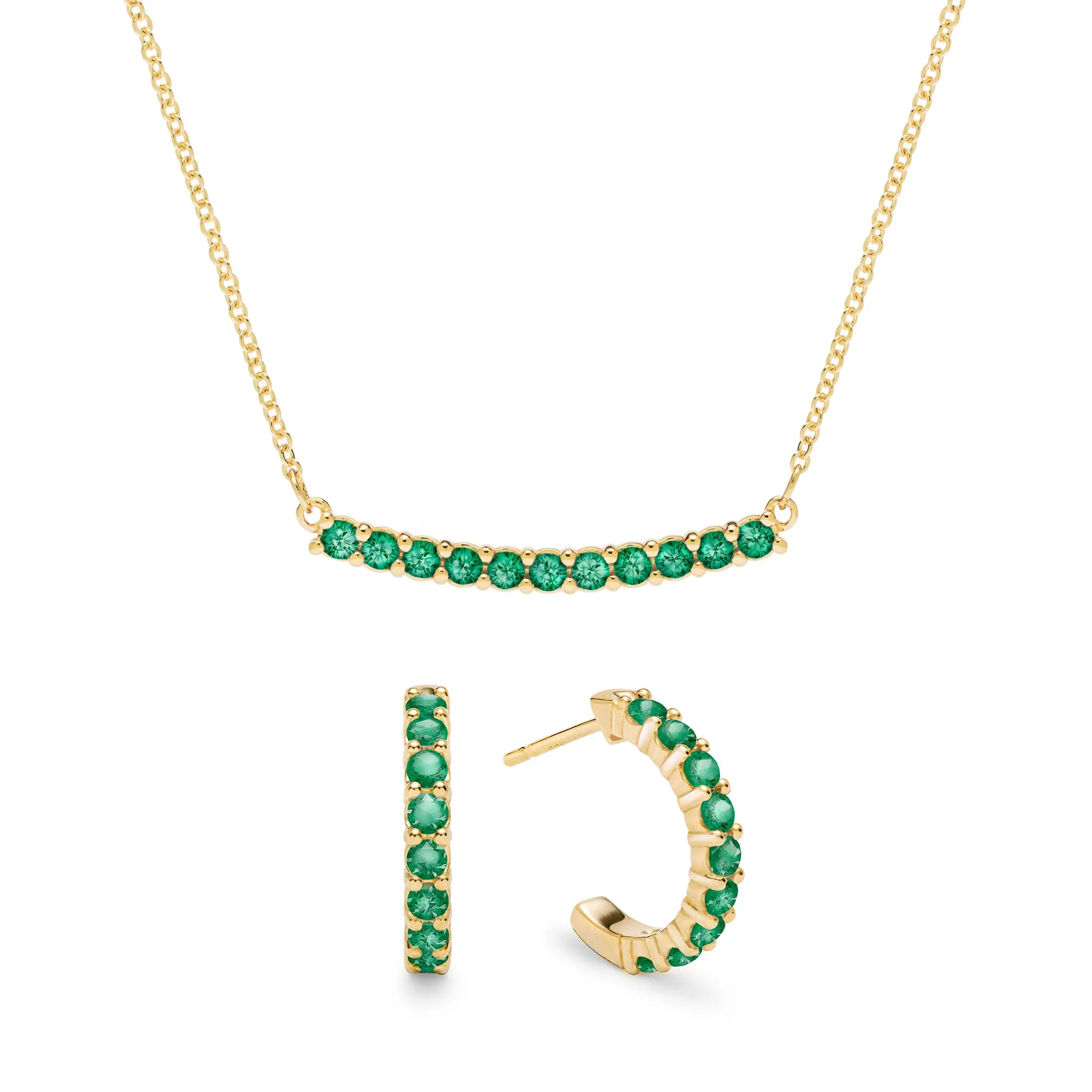 Rosecliff Emerald Bar Necklace and Huggie Hoop Earrings Set in 14k Gold (May) sold by Haverhill