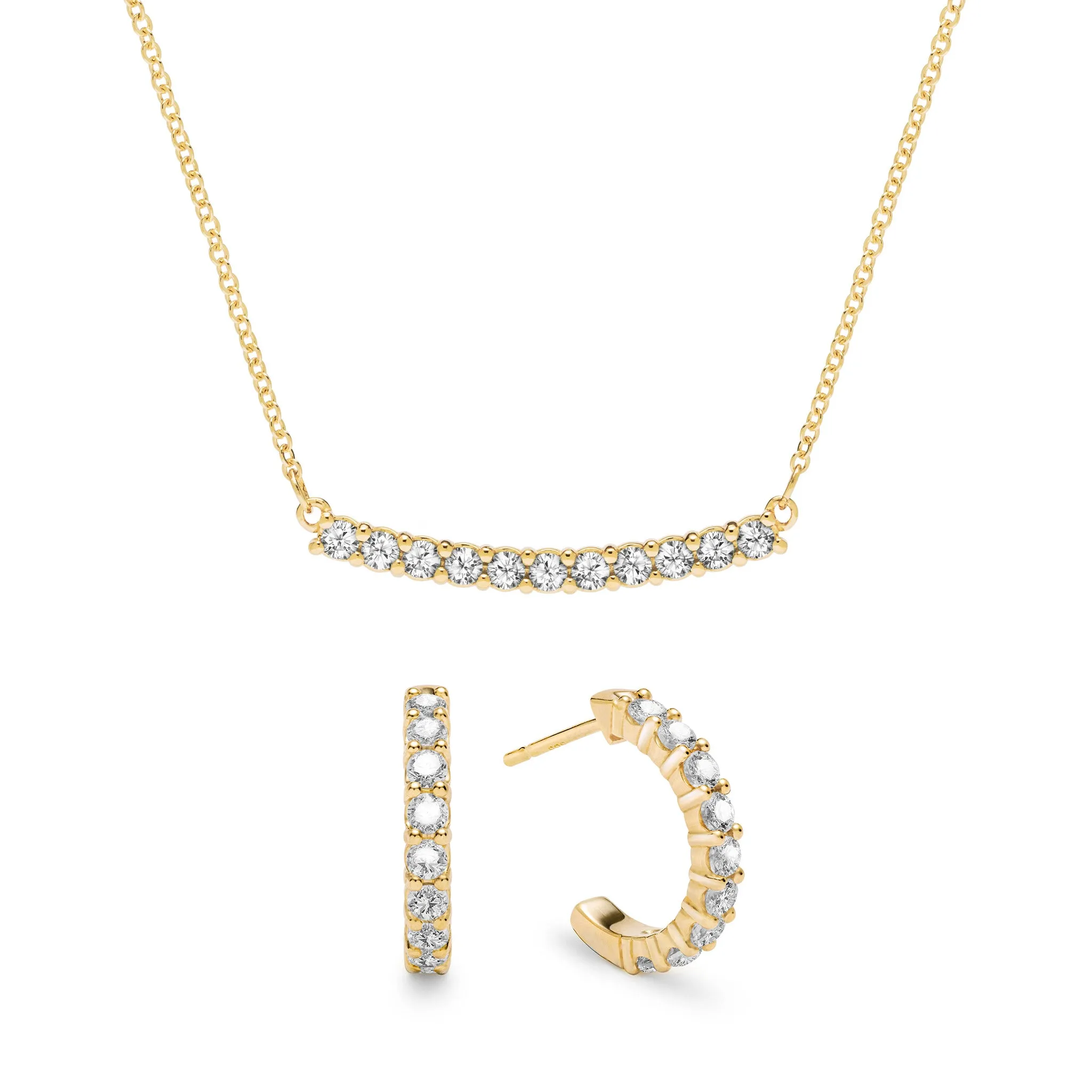 Rosecliff White Topaz Bar Necklace and Huggie Hoop Earrings Set in 14k Gold (April) sold by Haverhill