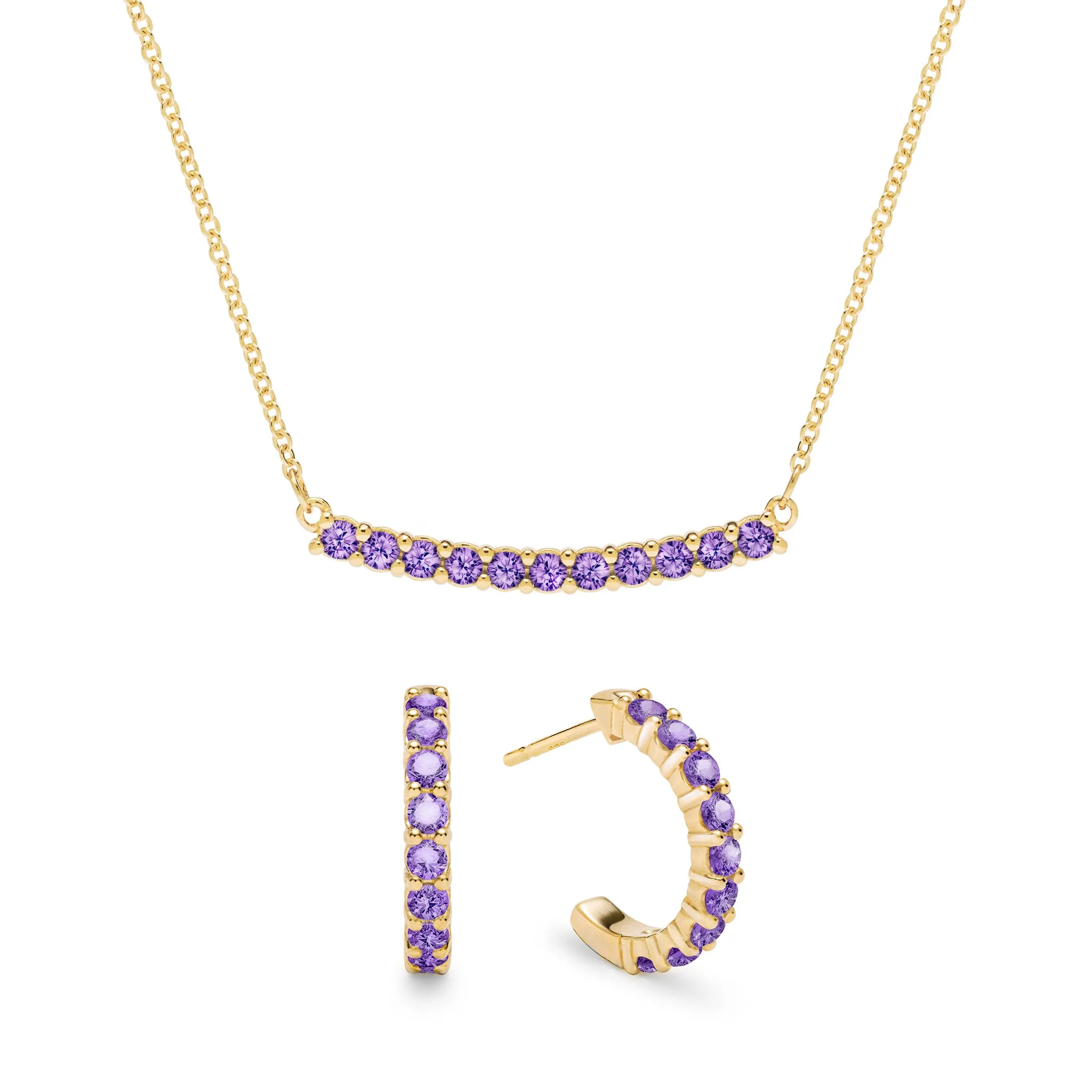 Rosecliff Amethyst Bar Necklace and Huggie Hoop Earrings Set in 14k Gold (February) sold by Haverhill