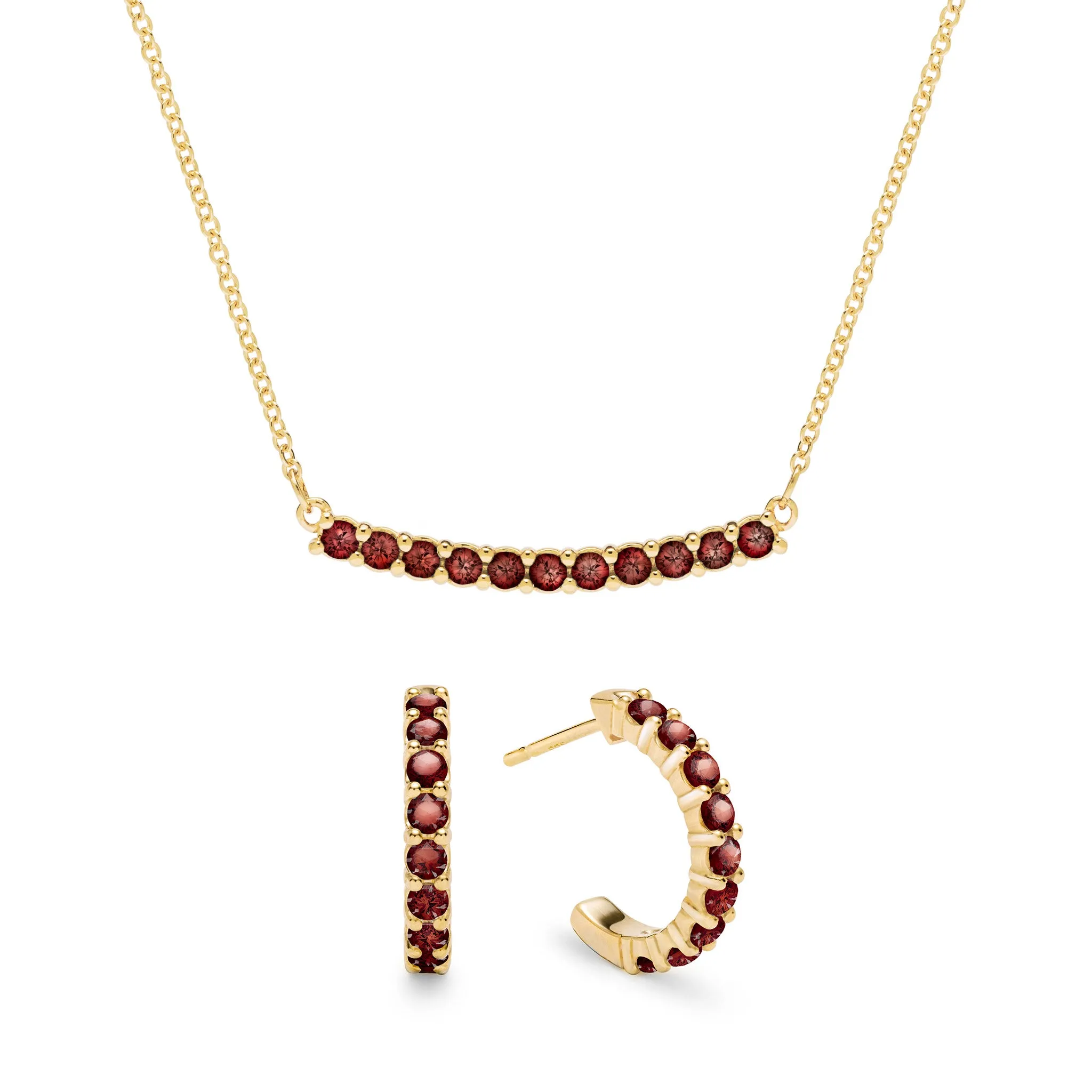 Rosecliff Garnet Bar Necklace and Huggie Hoop Earrings Set in 14k Gold (January) sold by Haverhill