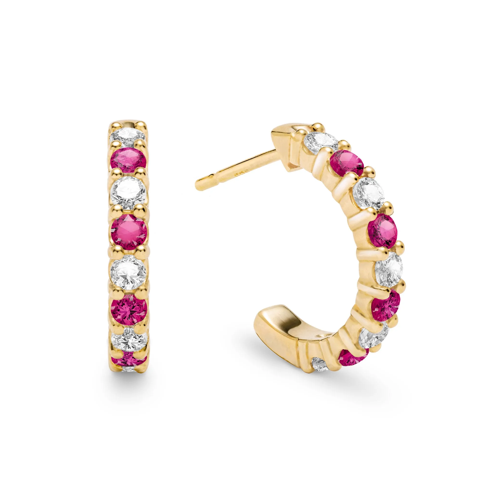 Rosecliff Diamond & Ruby Huggie Hoop Earrings in 14k Gold (July) sold by Haverhill