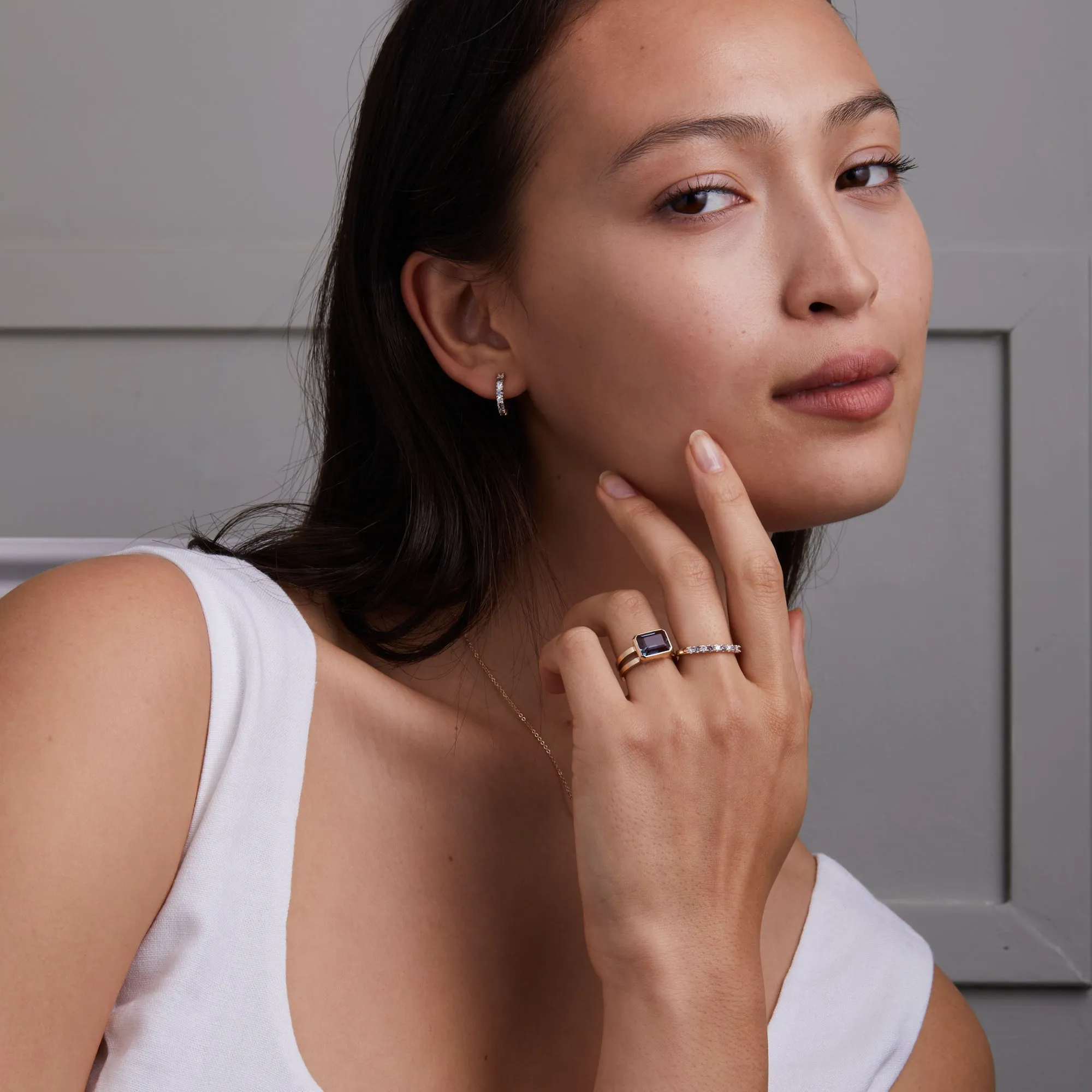 Rosecliff Diamond & Alexandrite Huggie Hoop Earrings in 14k Gold (June) sold by Haverhill product image thumbnail 2