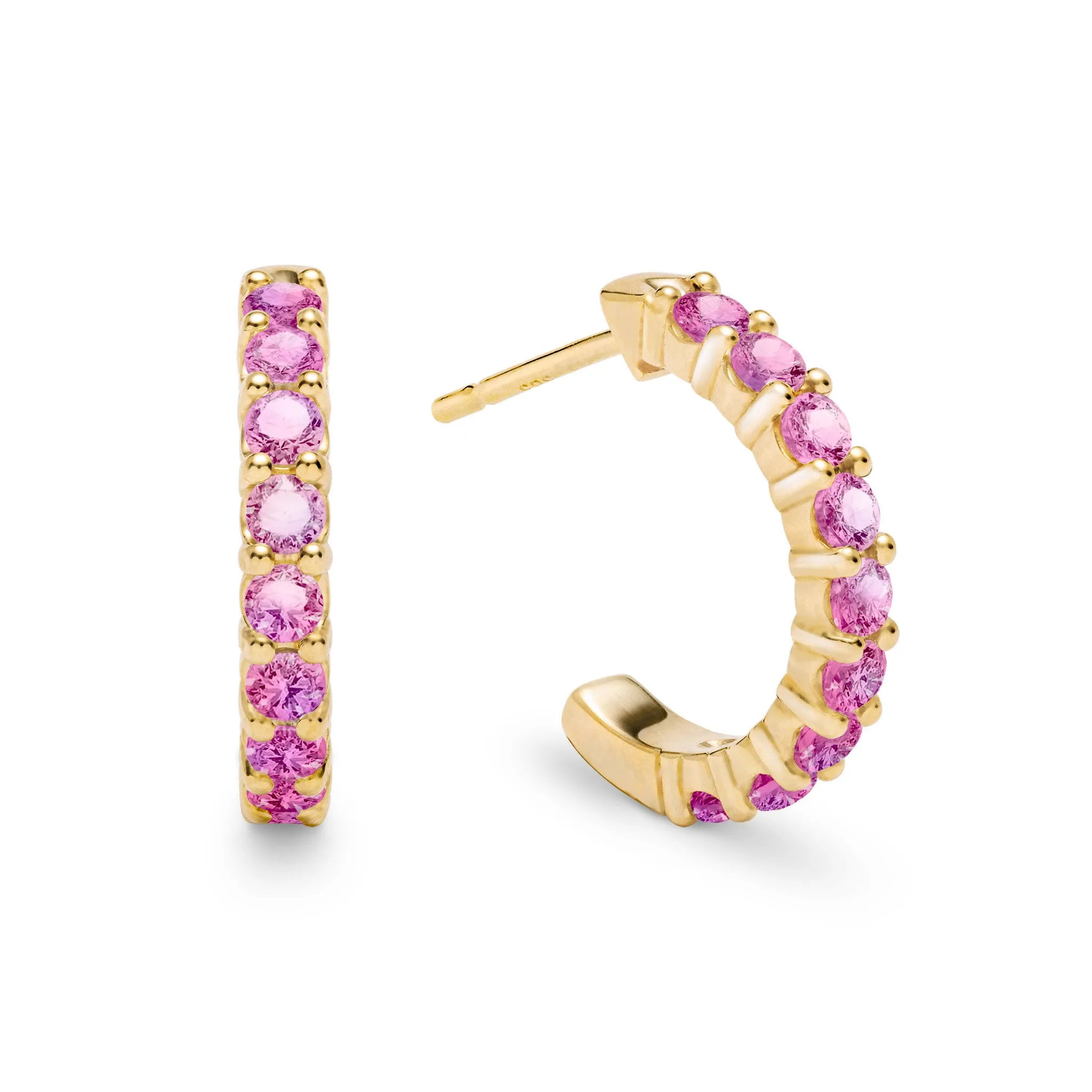 Rosecliff Pink Sapphire Huggie Hoop Earrings in 14k Gold (October) sold by Haverhill