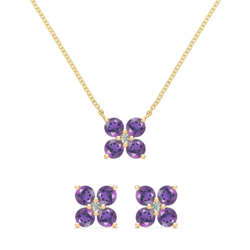 Greenwich 4 Amethyst & Diamond Necklace and Earrings Set in 14k Gold (February) sold by Haverhill