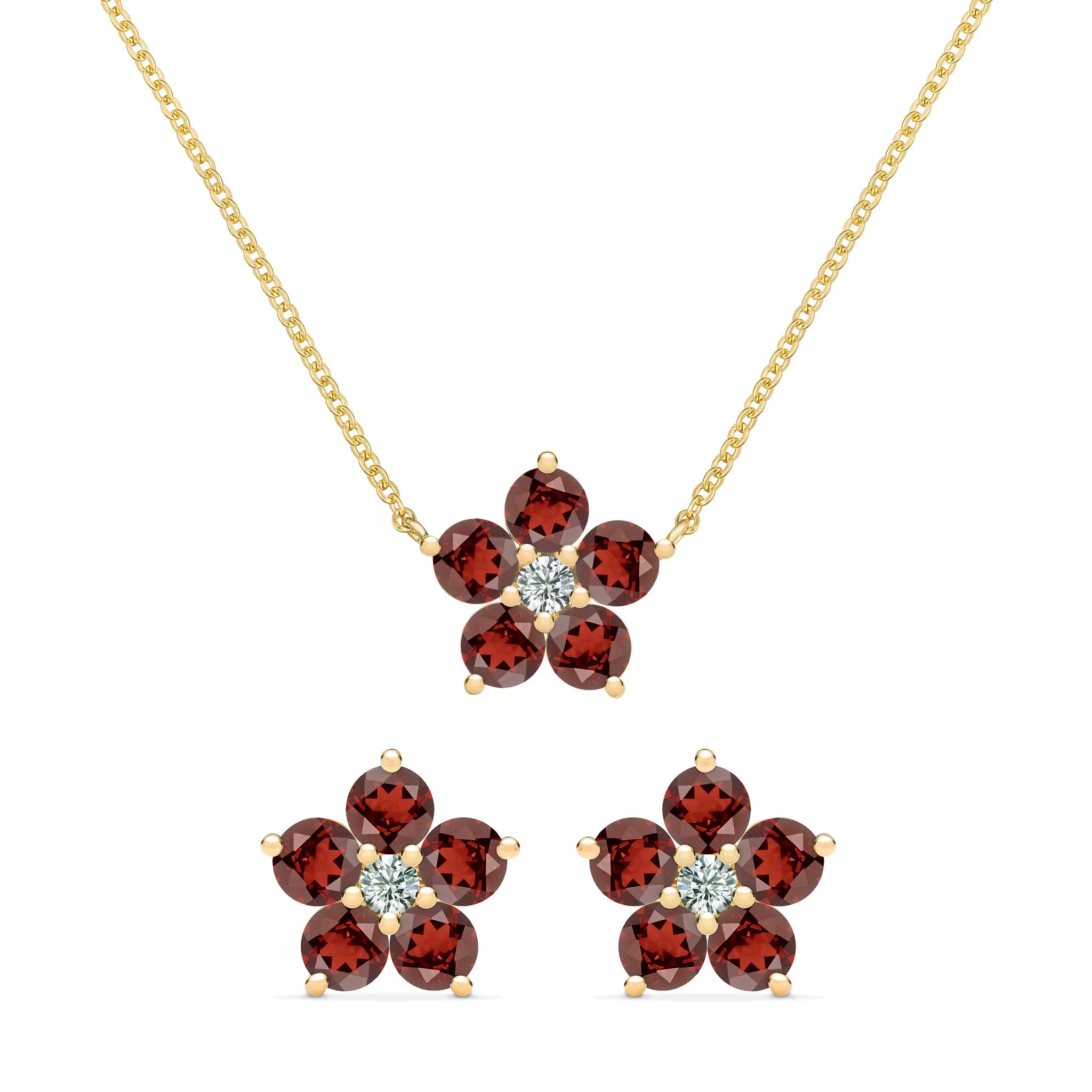 Greenwich Flower Garnet & Diamond Necklace and Earrings Set in 14k Gold (January) sold by Haverhill