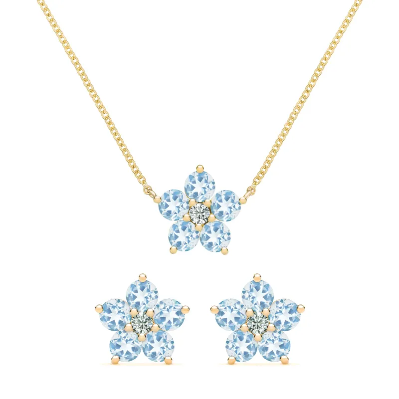 Greenwich Flower Aquamarine & Diamond Necklace and Earrings Set in 14k Gold (March) sold by Haverhill