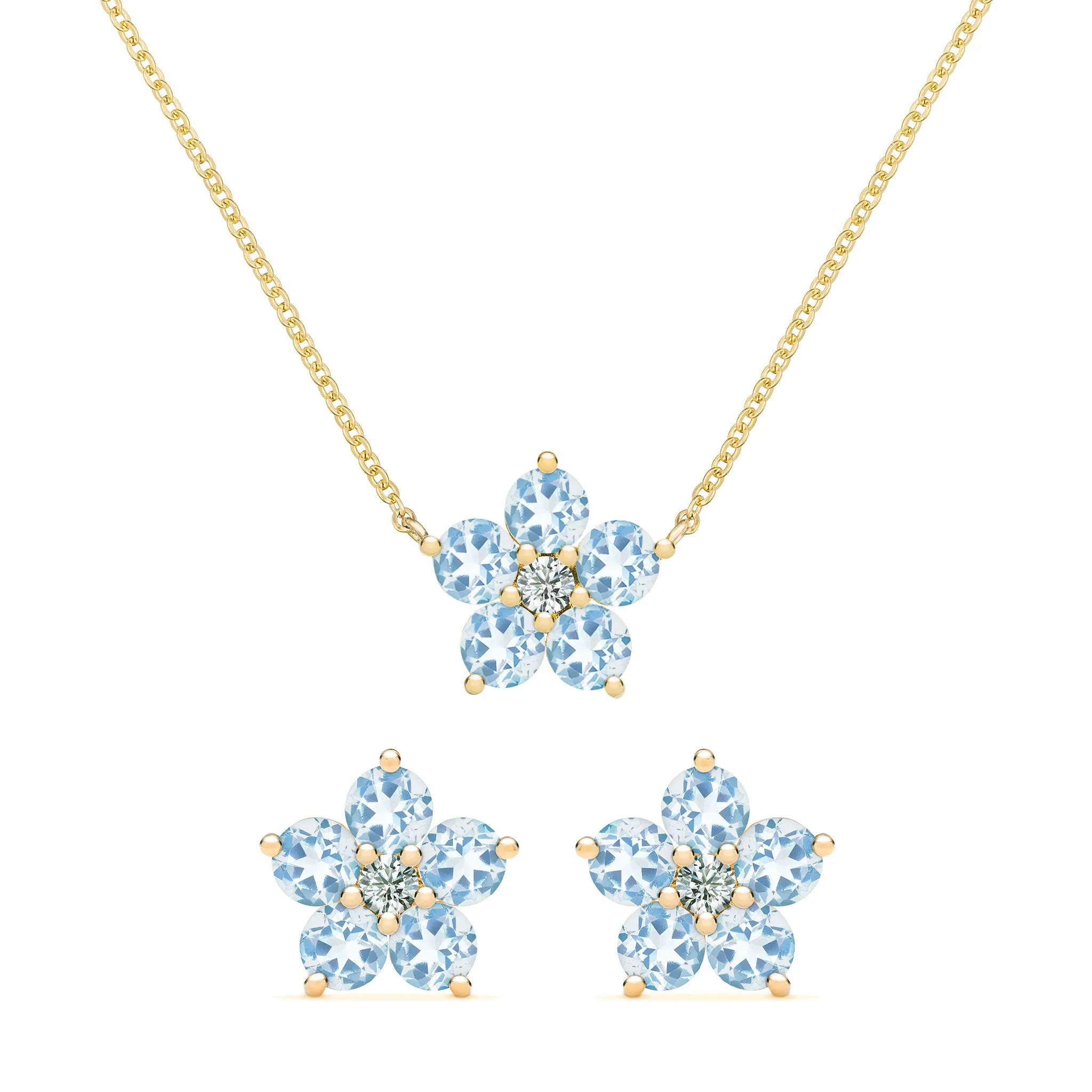Greenwich Flower Aquamarine & Diamond Necklace and Earrings Set in 14k Gold (March) sold by Haverhill