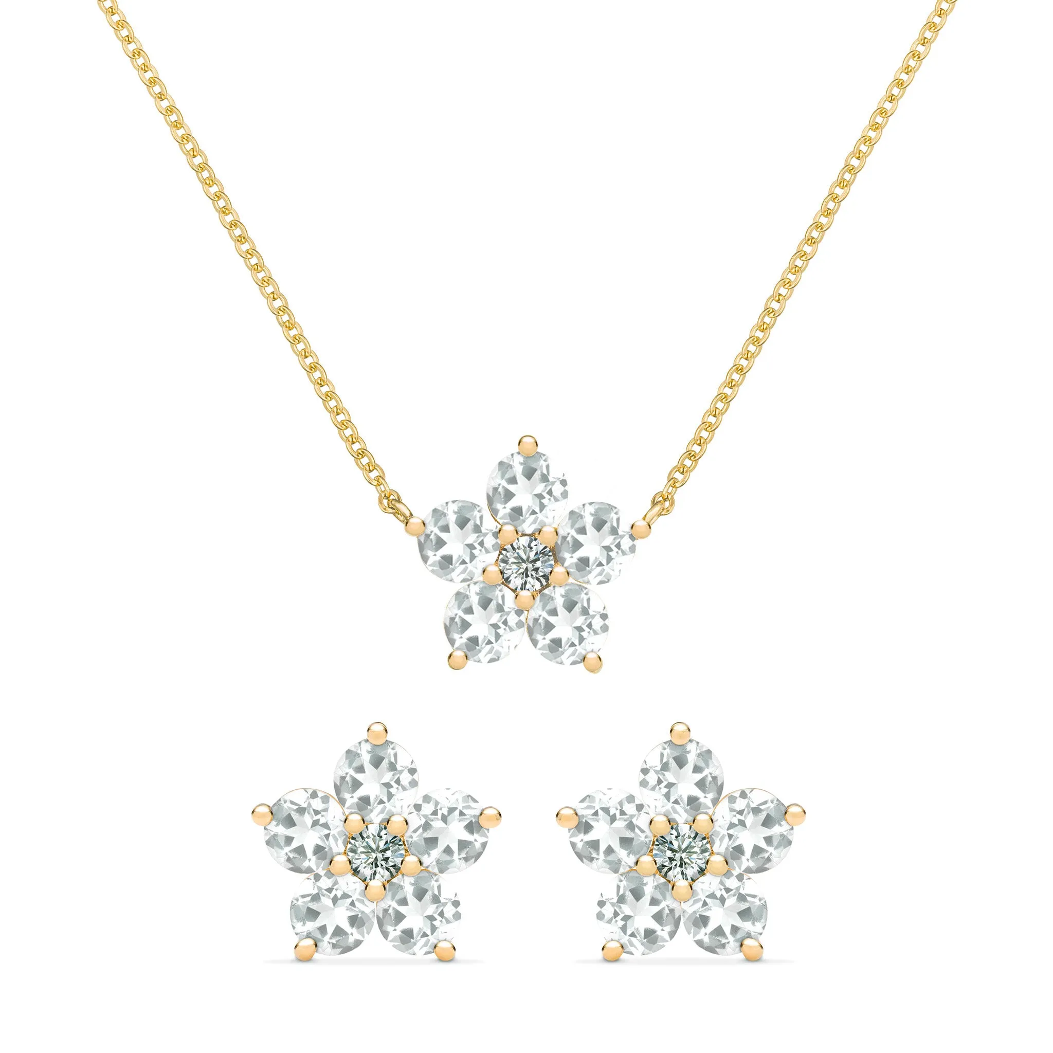 Greenwich Flower White Topaz & Diamond Necklace and Earrings Set in 14k Gold (April) sold by Haverhill