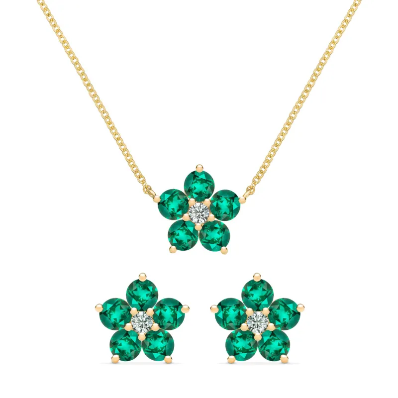 Greenwich Flower Emerald & Diamond Necklace and Earrings Set in 14k Gold (May) sold by Haverhill