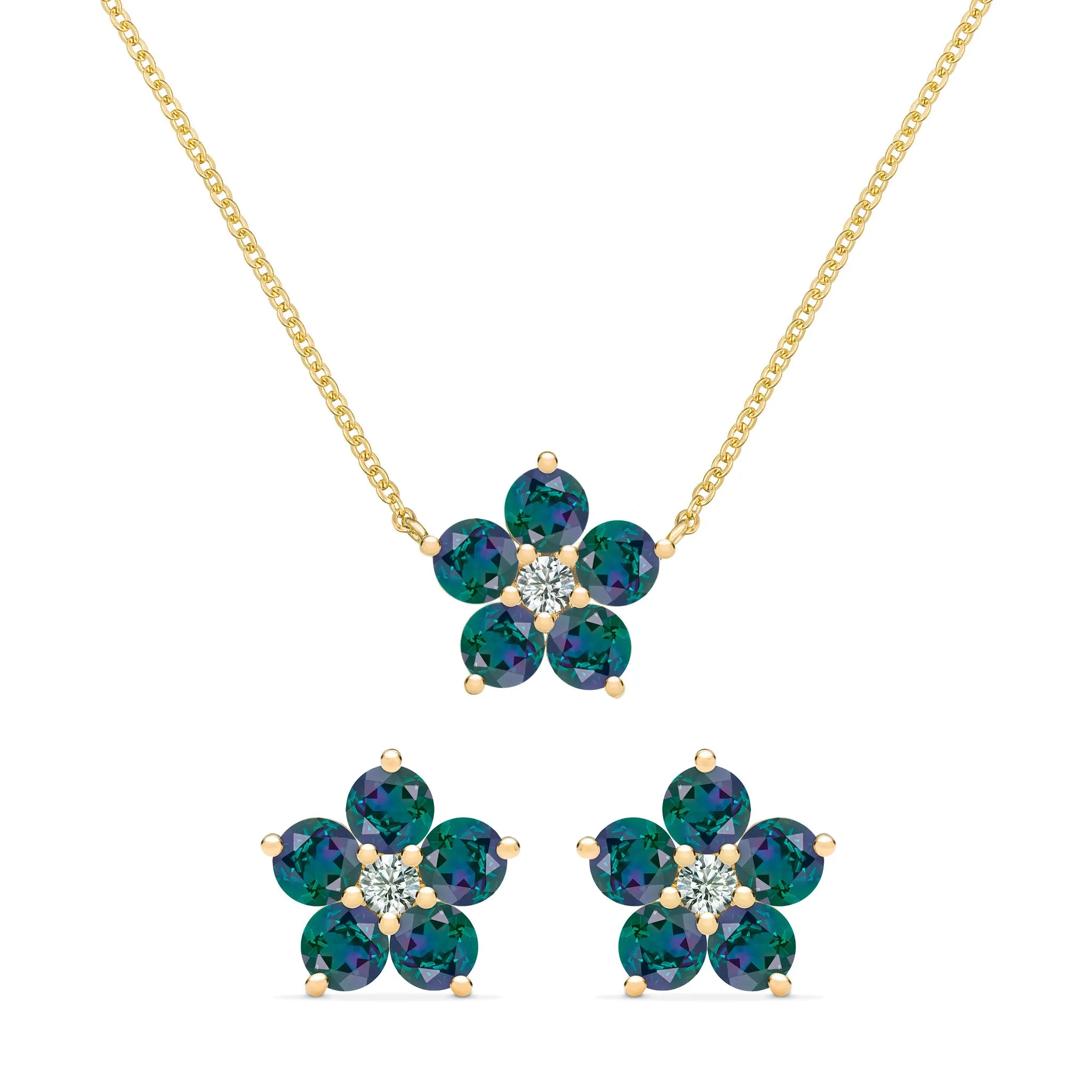 Greenwich Flower Alexandrite & Diamond Necklace and Earrings Set in 14k Gold (June) sold by Haverhill
