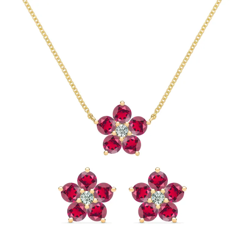 Greenwich Flower Ruby & Diamond Necklace and Earrings Set in 14k Gold (July) sold by Haverhill