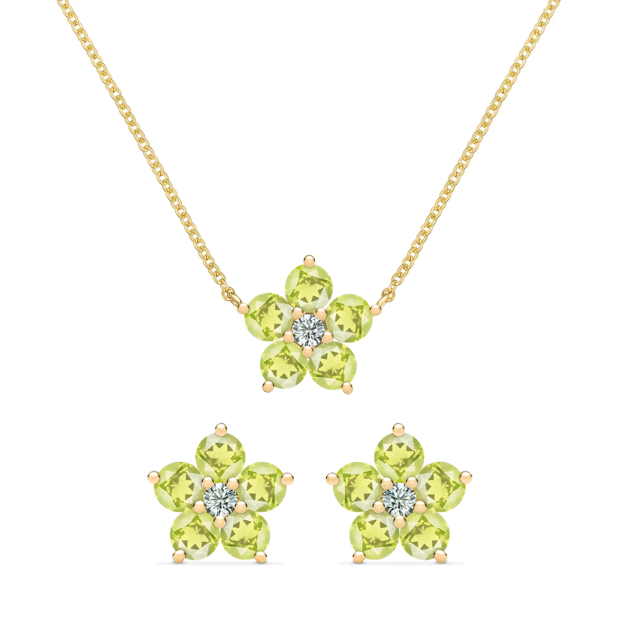 Greenwich Flower Peridot & Diamond Necklace and Earrings Set in 14k Gold (August) sold by Haverhill